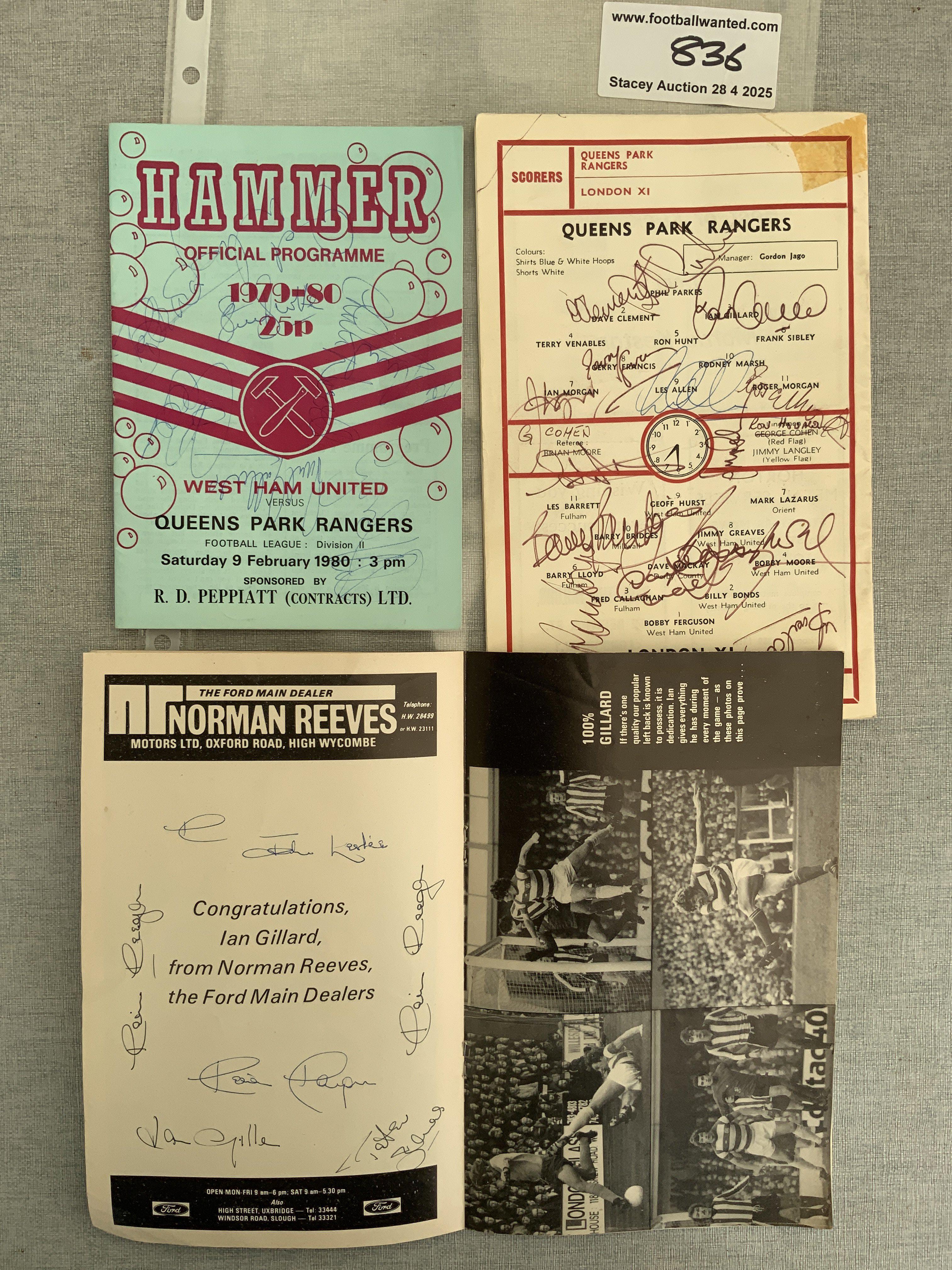 Signed Football Programmes: Les Allen testimonial programme signed to rear team page by many players including Bobby Moore and Dave Mackay who were playing for the London X1. C/W an Ian Gillard testimonial signed by many Tottenham players and others and a 1980 signed West Ham programme. (3)