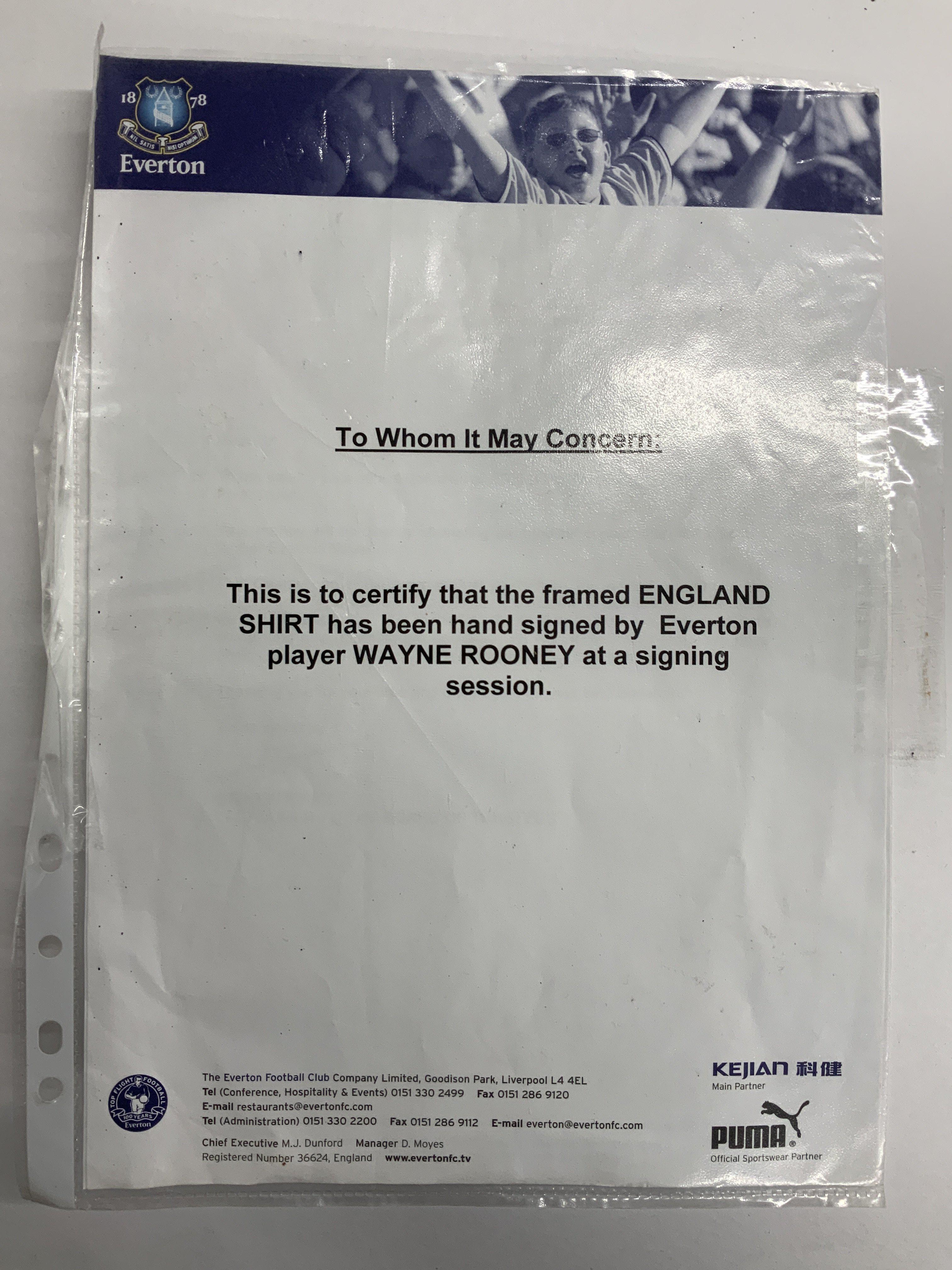 Wayne Rooney Signed Framed England Shirt: White home replica shirt and a photo of him playing wearing this style shirt both of which are hand signed. COA from Everton. Not for posting.