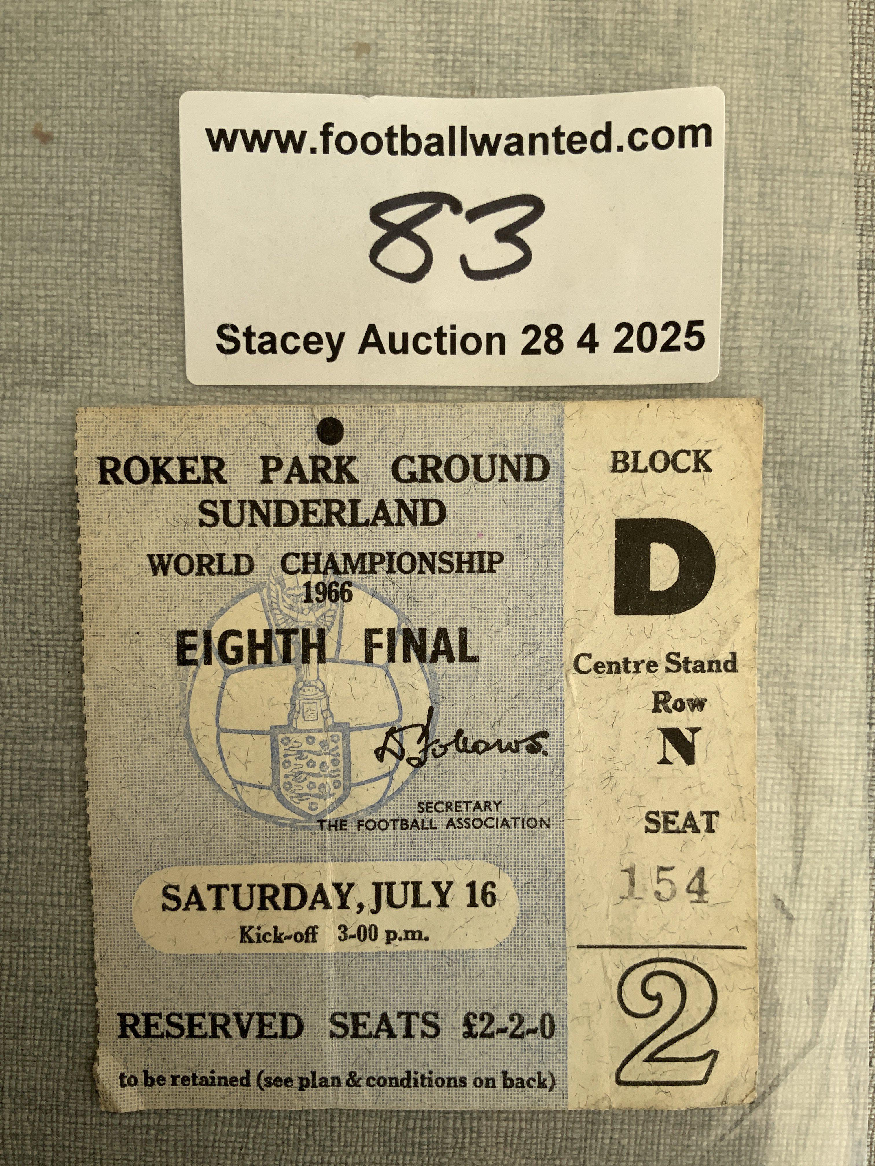 1966 Russia v Italy World Cup Finals Football Ticket: Played at Roker Park Sunderland on 16 7 1966. Good condition with fold.