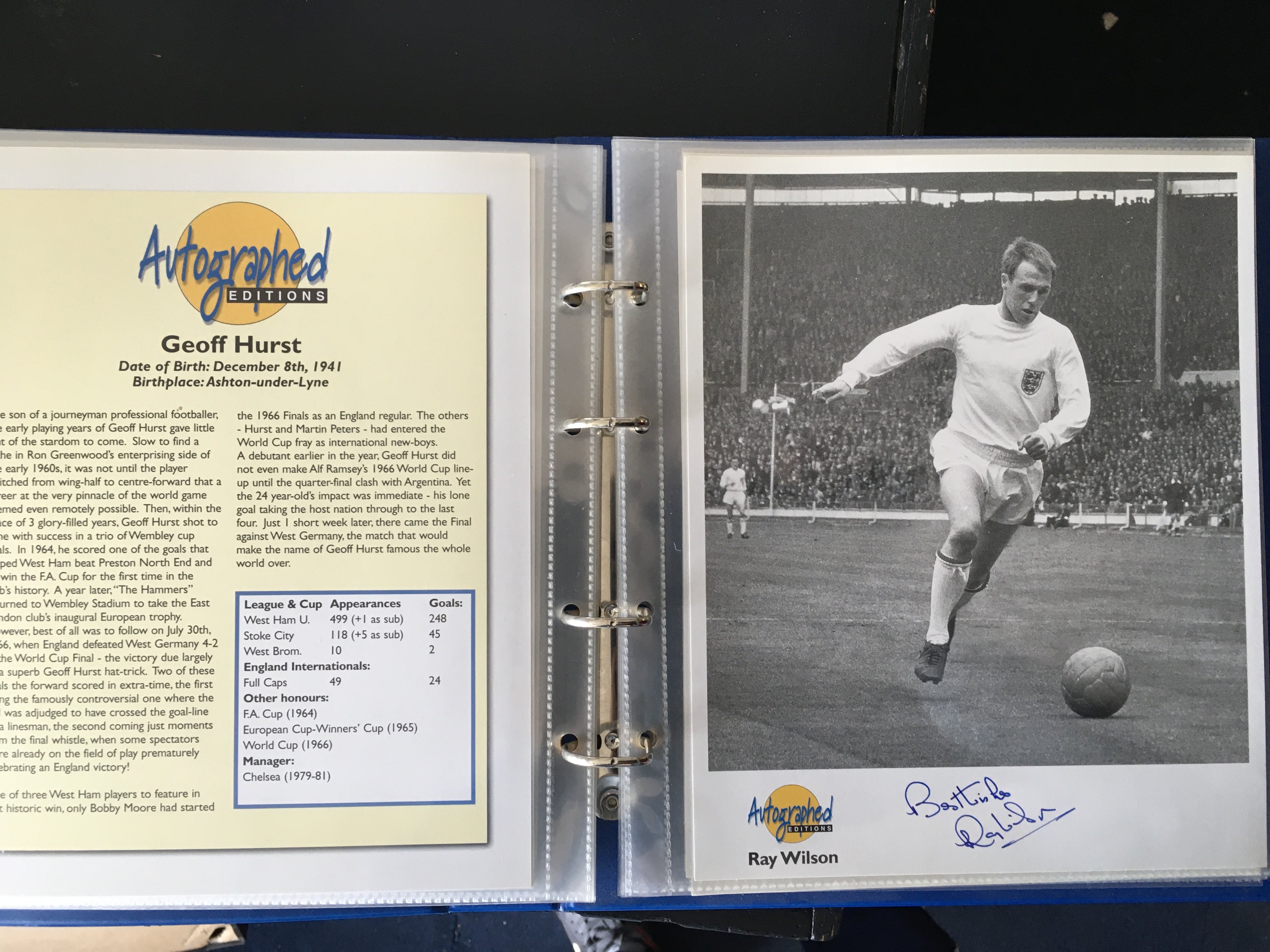 Autographed Editions Signed Football Photo: 1966 England legends include Peters Hunt Banks Hurst Wilson Stiles and Cohen. Other names include MacDonald Shilton Bonetti Hunter Lofthouse and Tommy Smith. From the iconic and reputable maker Autographed Editions in official binder. (12)