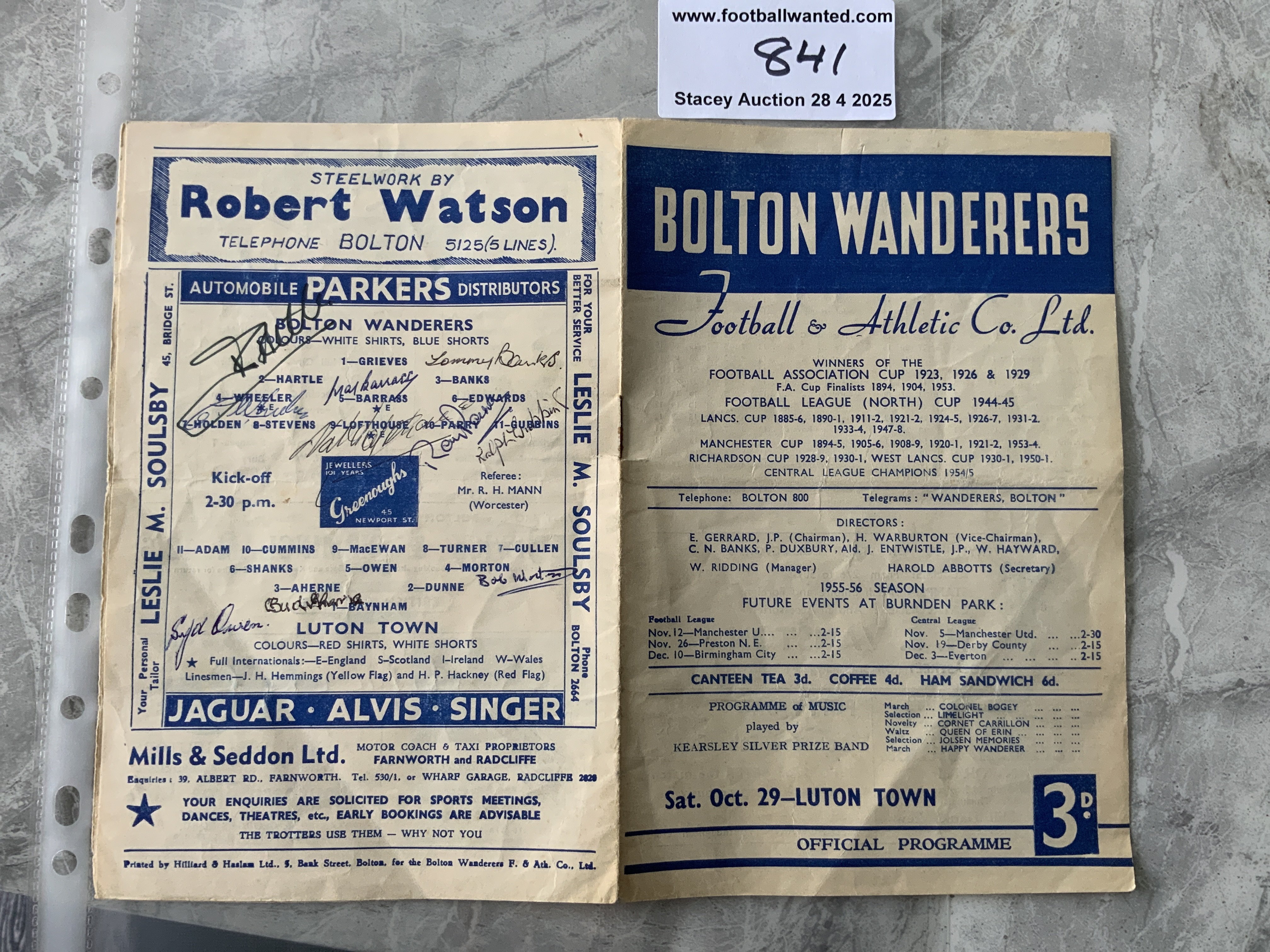 55/56 Bolton v Luton Signed Football Programme: Rear team page signed by 3 Luton players including Syd Owen plus 7 Bolton including Lofthouse and Barrass.