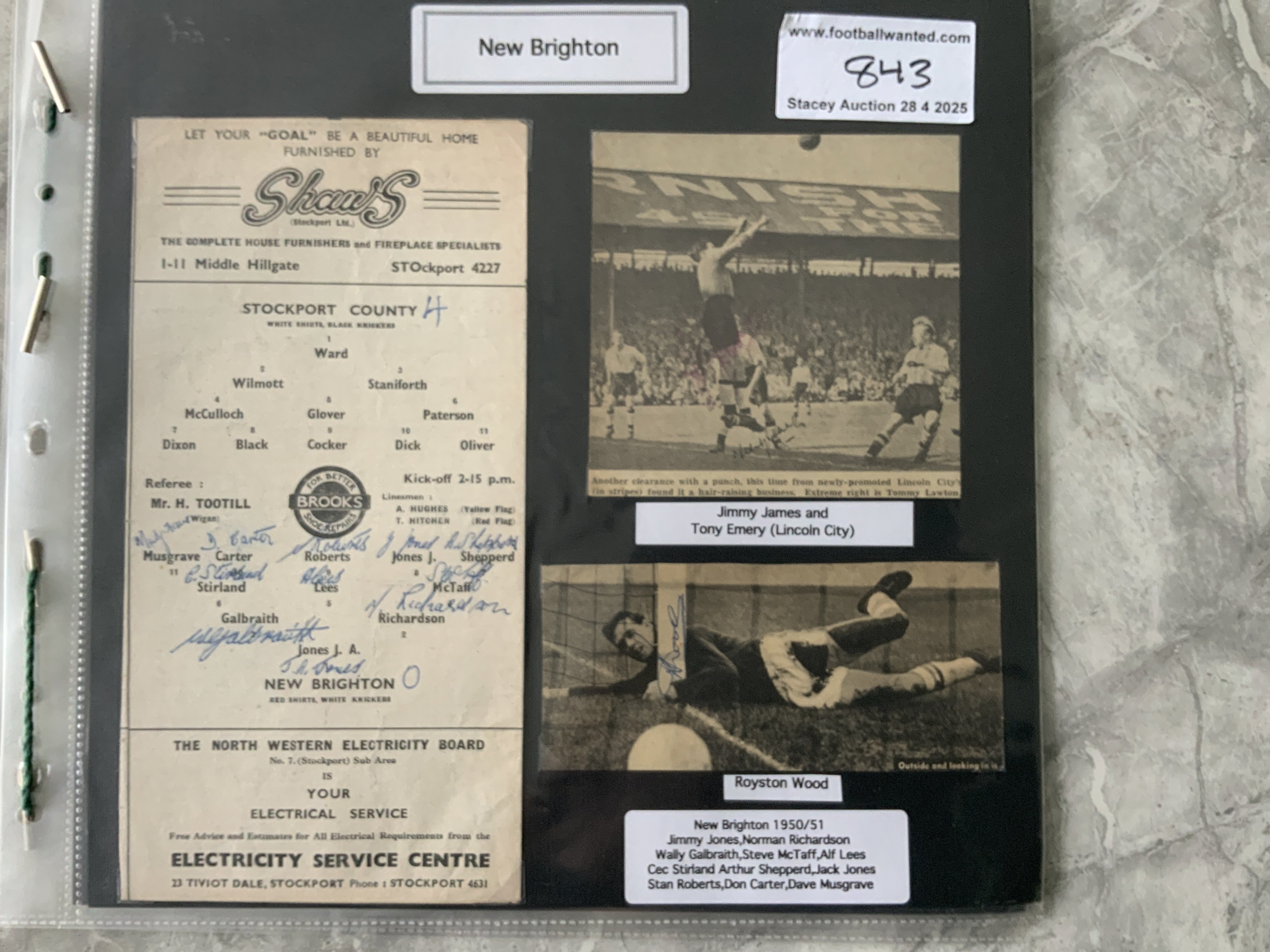 New Brighton Football Autograph Collection: From the 40s 50s and 60s to include autograph page from 48/49 x 11, 47/48 x 11, Harry Toppings 38/39 contract signed by him and manager Bill Sawyer, 50/51 away programme page signed by 11, letter from Harry Gee and other signed magazine pictures. (49 autographs)