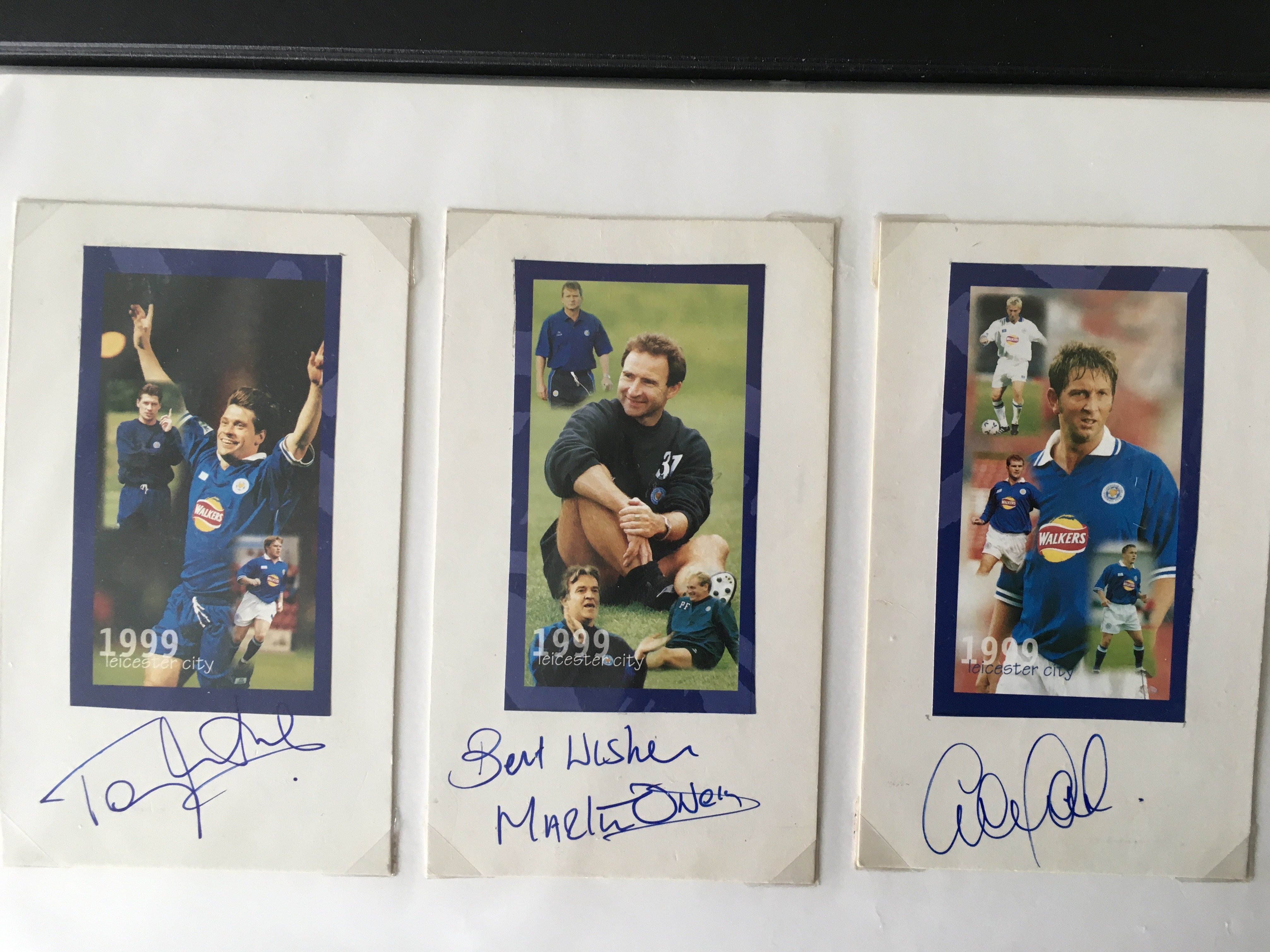 Leicester City Football Autographs: Folder containing 65 undedicated signed pictures mainly on magazine pictures of players from the 90s and 2000s. C/W a large poster of the 2000 Worthington Cup final signed by Matt Elliott.
