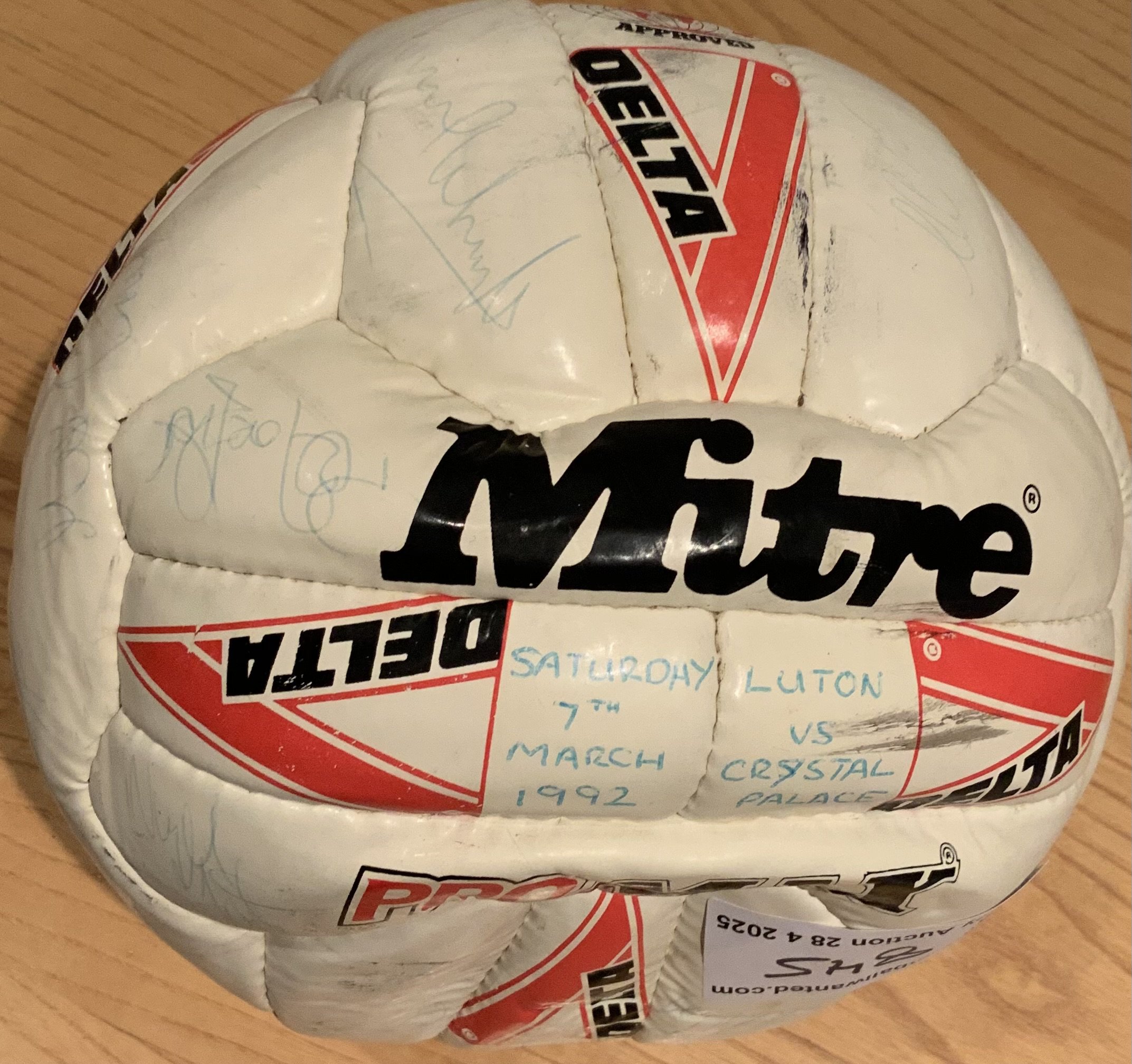 91/92 Luton v Crystal Palace Signed Football: Match ball given to sponsor signed by both teams. Includes autographs of Southgate Campbell Coppell Richards and many more.