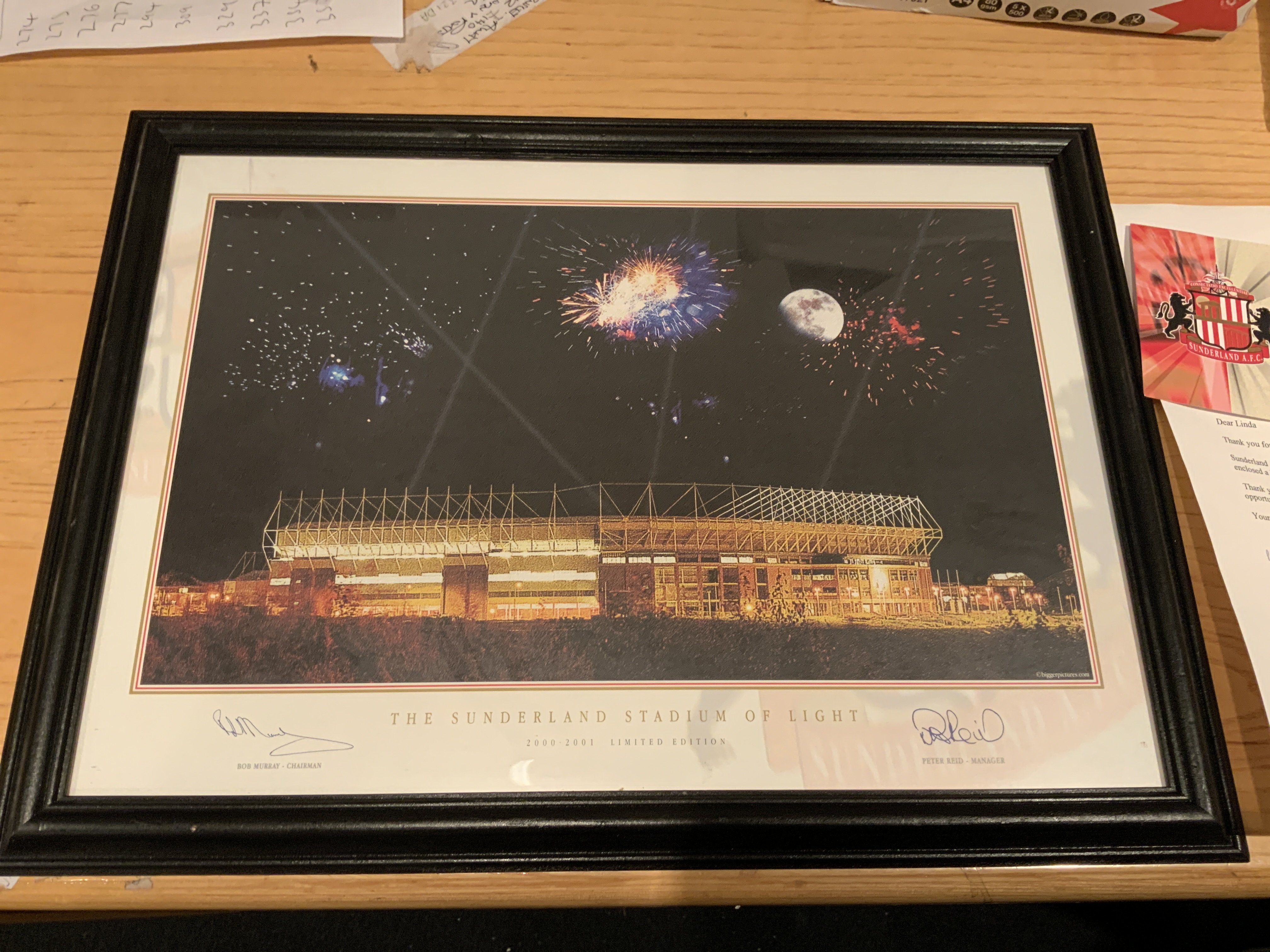 Sunderland Stadium Of Light Signed Football Photo: 18 x 13 inch picture of the new stadium at night lit up. Ltd edition signed by the manager and the chairman. COA letter from the club. Instructions to sell.