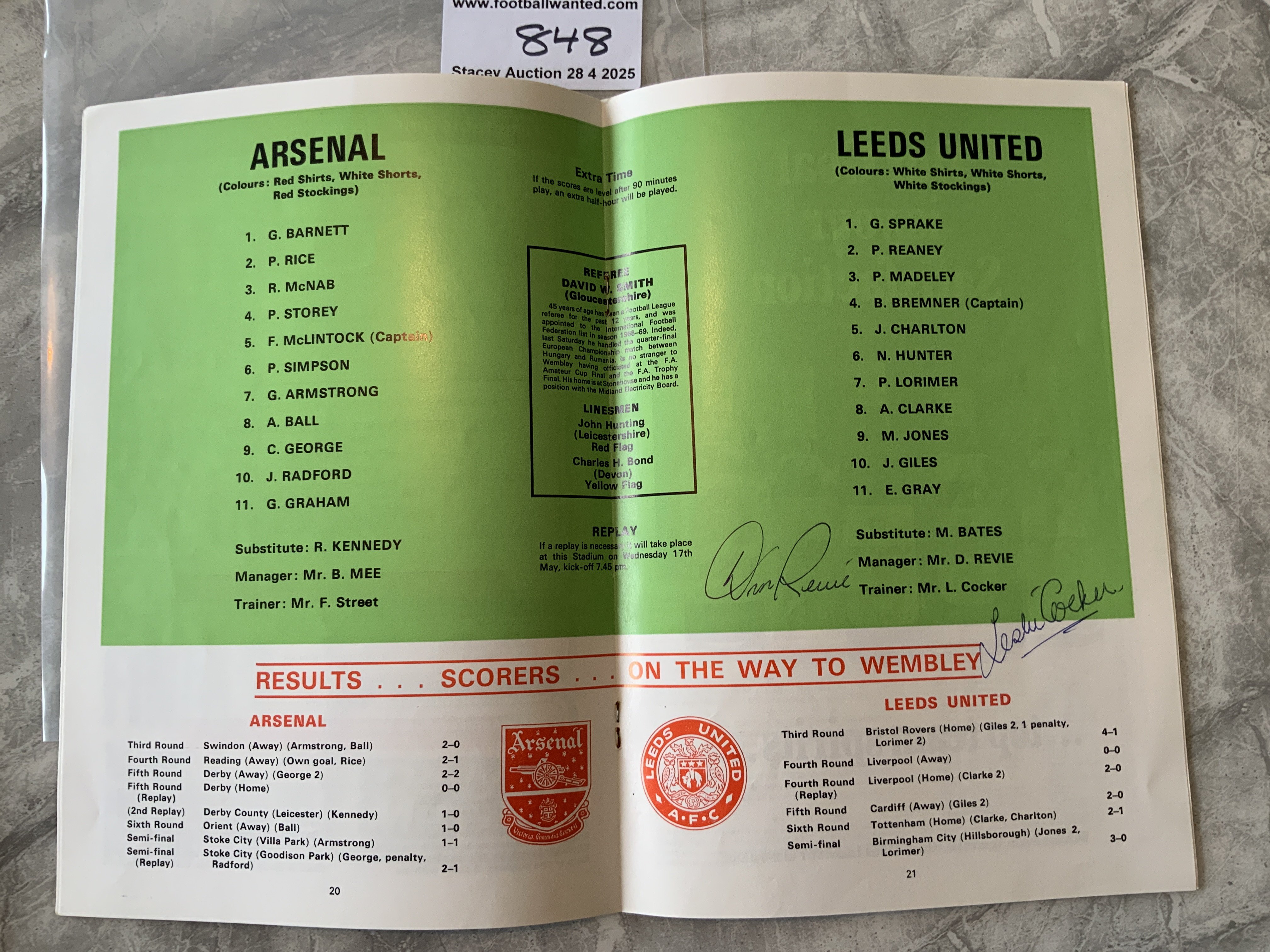 Leeds United 1972 Fully Signed FA Cup Winners Final Programme: Mint condition programme signed on centre team page by Don Revie and Leslie Cocker. Coloured team group is signed by 18 of the 19 pictured only missing Faulkner who had left for Luton.