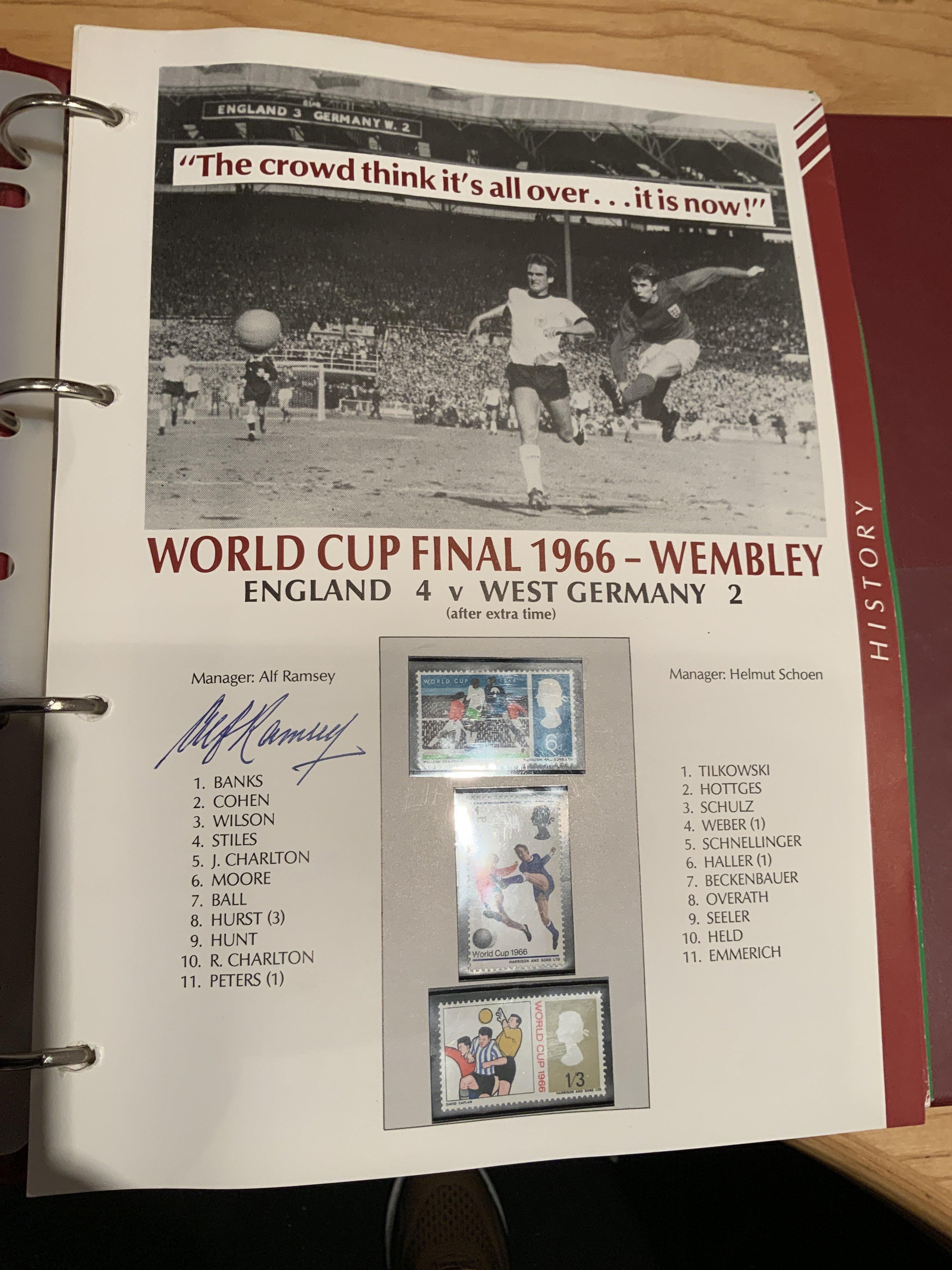 1966 England World Cup Signed Collection: The World Cup Collection folder covering 1990 but in the history section is a page hand signed by Alf Ramsey and another by Moore Hurst and Peters. Nice genuine item.