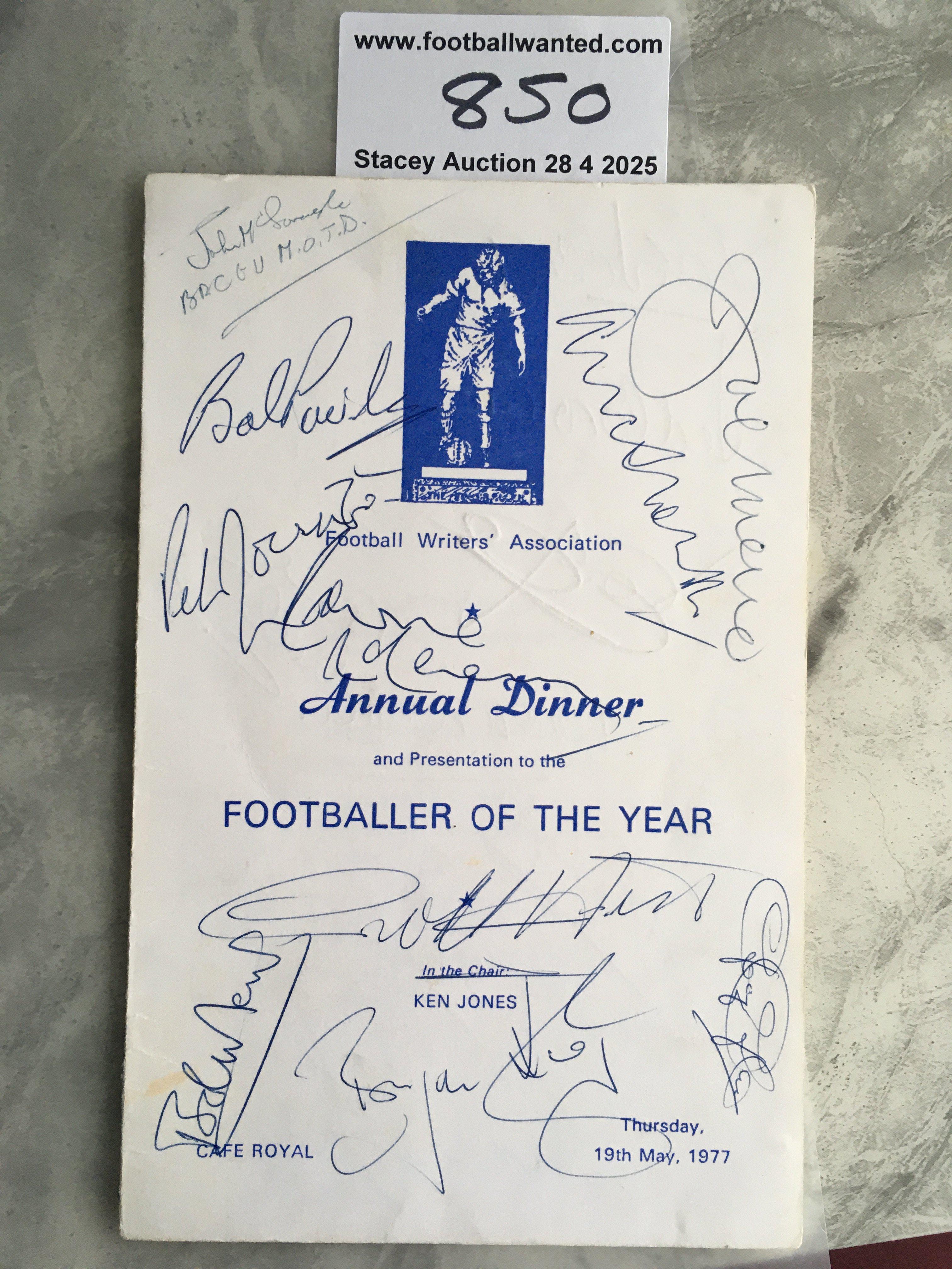1977 Player Of The Year Multi Signed Football Menu: Football Writers annual event at the Cafe Royal London. Signed by winners Emlyn Hughes of Liverpool and England. List of previous winners who famously attend this event with autographs to include Bobby Moore Joe Mercer Danny Blanchflower Syd Owen Tony Book Tom Finney Jack Charlton Dave Mackay Terry Venables Ted Croker Derek Dougan Bob Paisley Brian Kidd Geoff Hurst and many more. Small tear at base of spine.