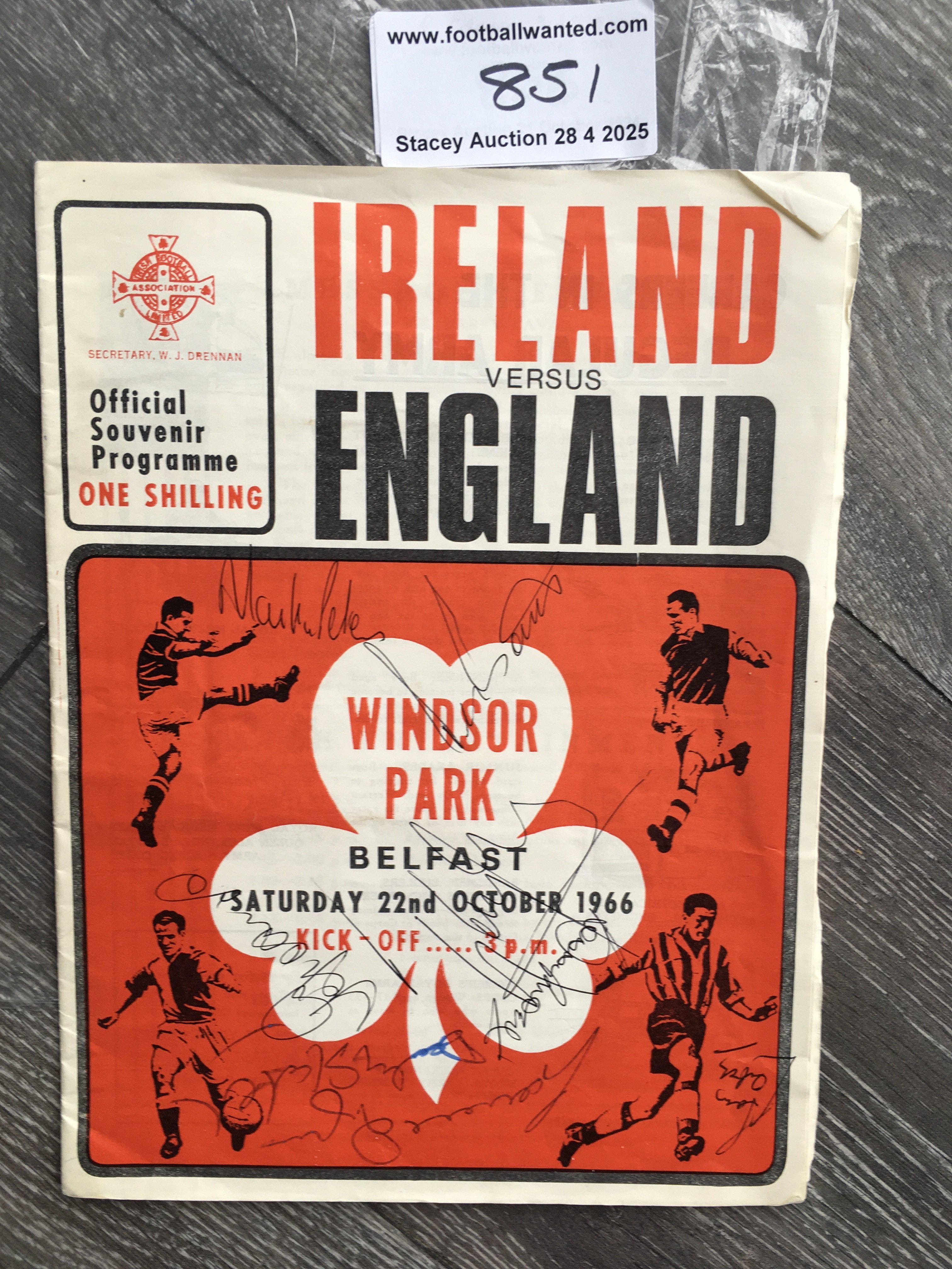 1966 England Signed Football Programme: Just 3 months after winning the World Cup this away programme at Ireland is signed to cover. Autographs include Bobby Moore, Martin Peters Peter Bonetti Jimmy Greaves and a few journalists.