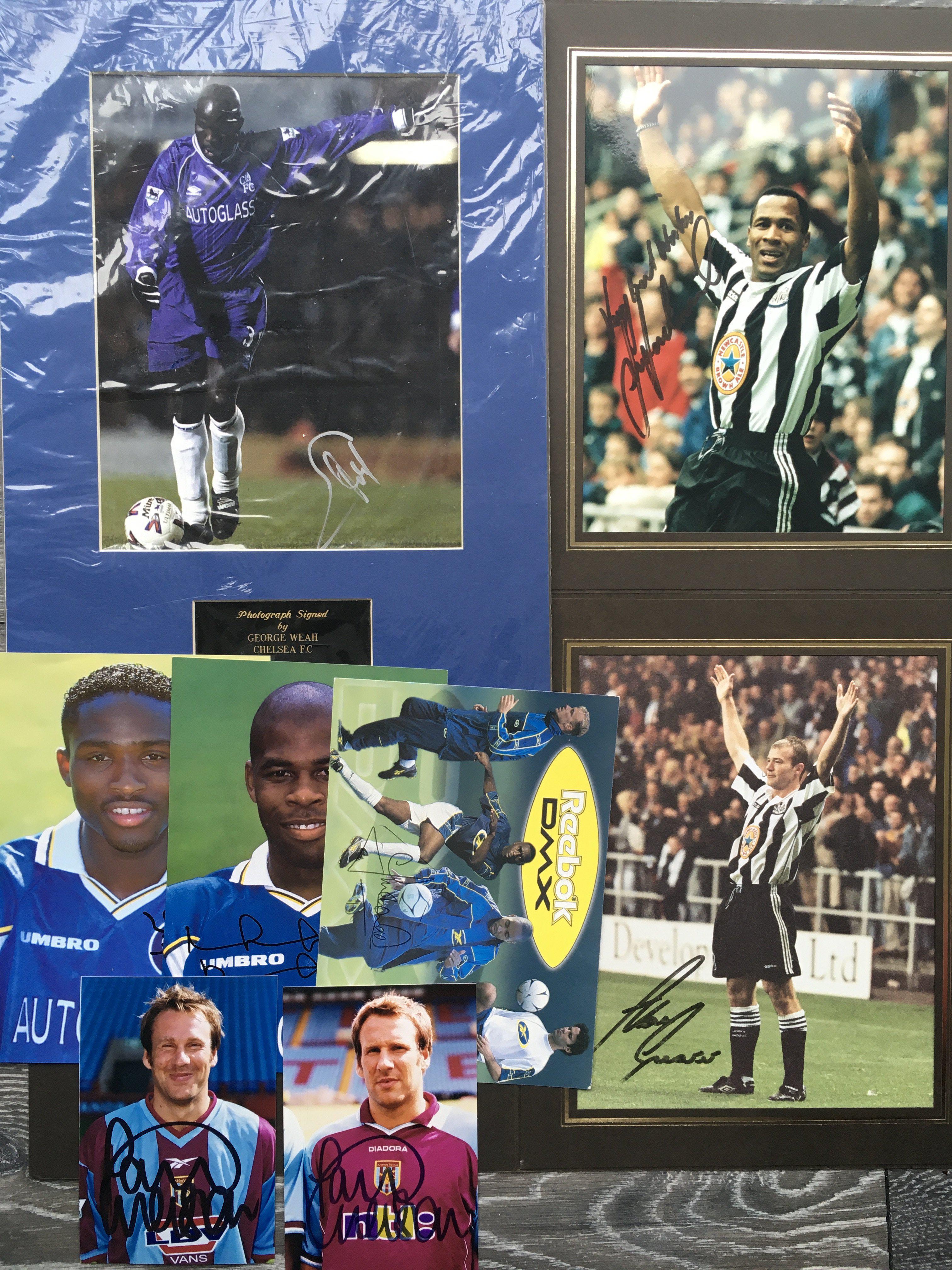 Football Autograph Collection: Lined page signed by Bobby Charlton, First Day Covers by Hurst Gascoigne and Bryan Robson, large photos in mounts signed by Les Ferdinand and Alan Shearer. Some Chelsea signed photos and an autograph book signed by a varied lot of players with many goalkeepers to include Shilton Southall and Grobbelaar.