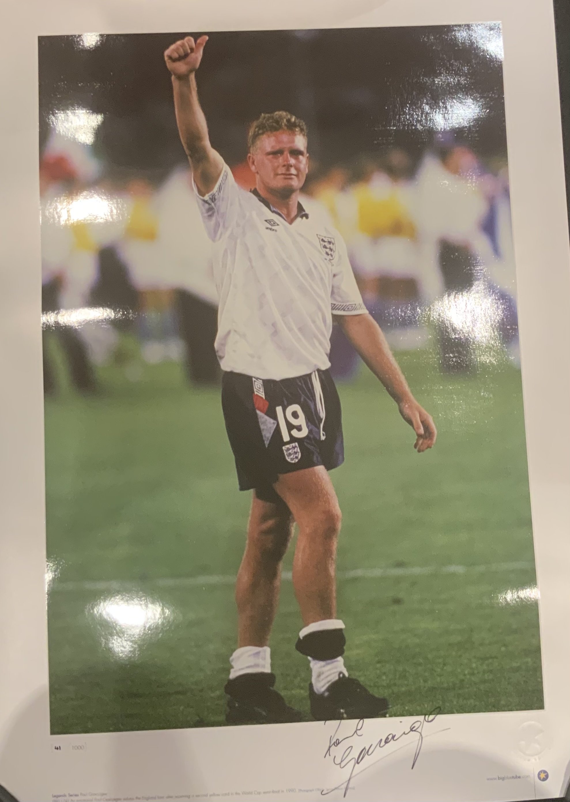Big Blue Tube Signed Football Prints: All measuring nearly 23 x 17 inches in excellent condition produced by the famous company with genuine autographs on prints of which there were only 500. Includes 2 different Rooney England, Gascoigne England, Pearce England, Le Tissier Southampton, Juninho Middlesbrough and others. (8)
