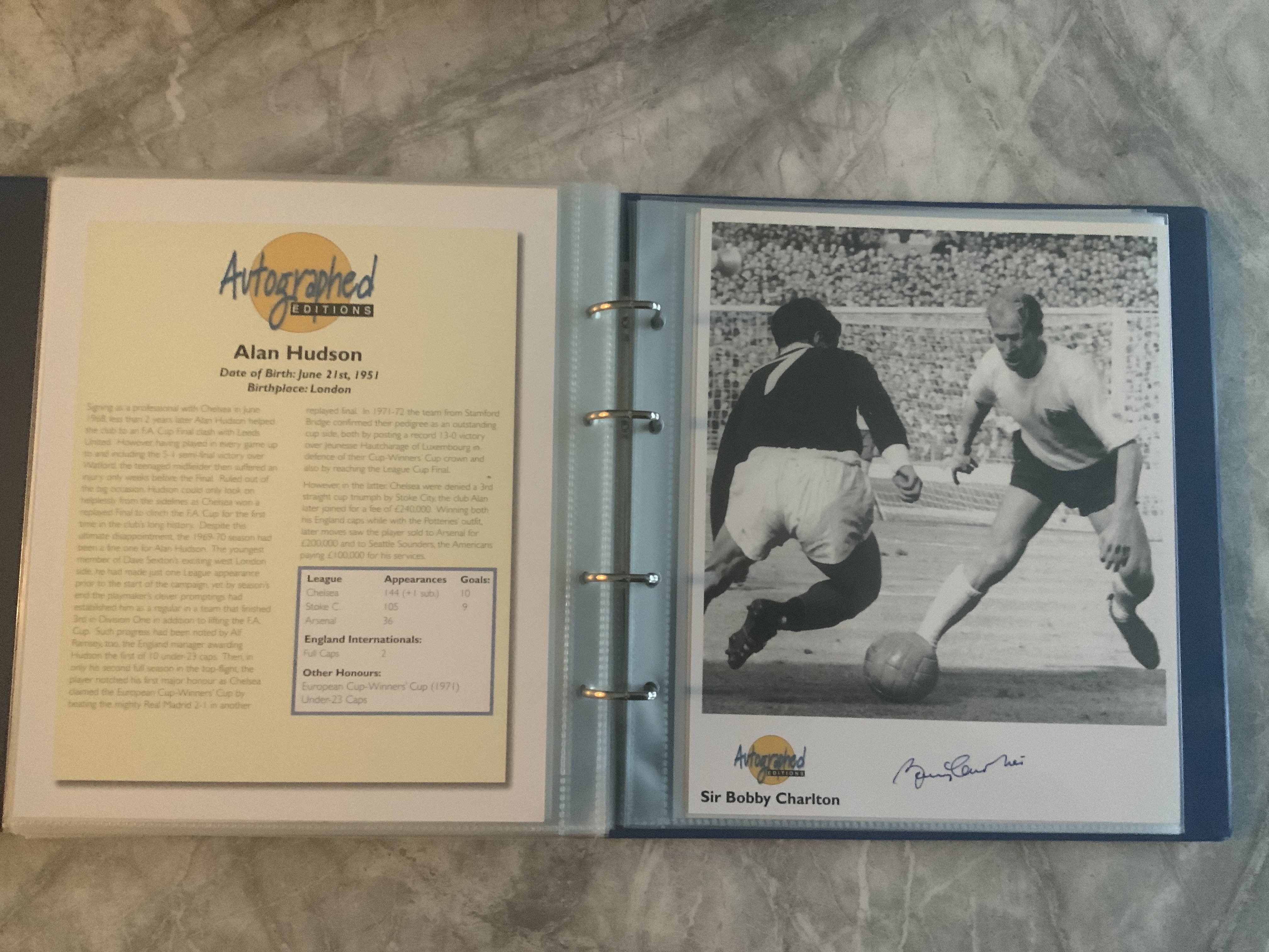 Autographed Editions Signed Football Photo Collection: Contained in 2 original official Autographed Editions folders. Includes George Best Bobby Charlton Geoff Hurst Kenny Sansom Phil Beal Joe Royle Larry Lloyd Archie Gemmill Frank McLintock Tommy Smith Nat Lofthouse Mike Channon Martin Chivers Derek Dougan John Greig Norman Hunter and many more. (81)
