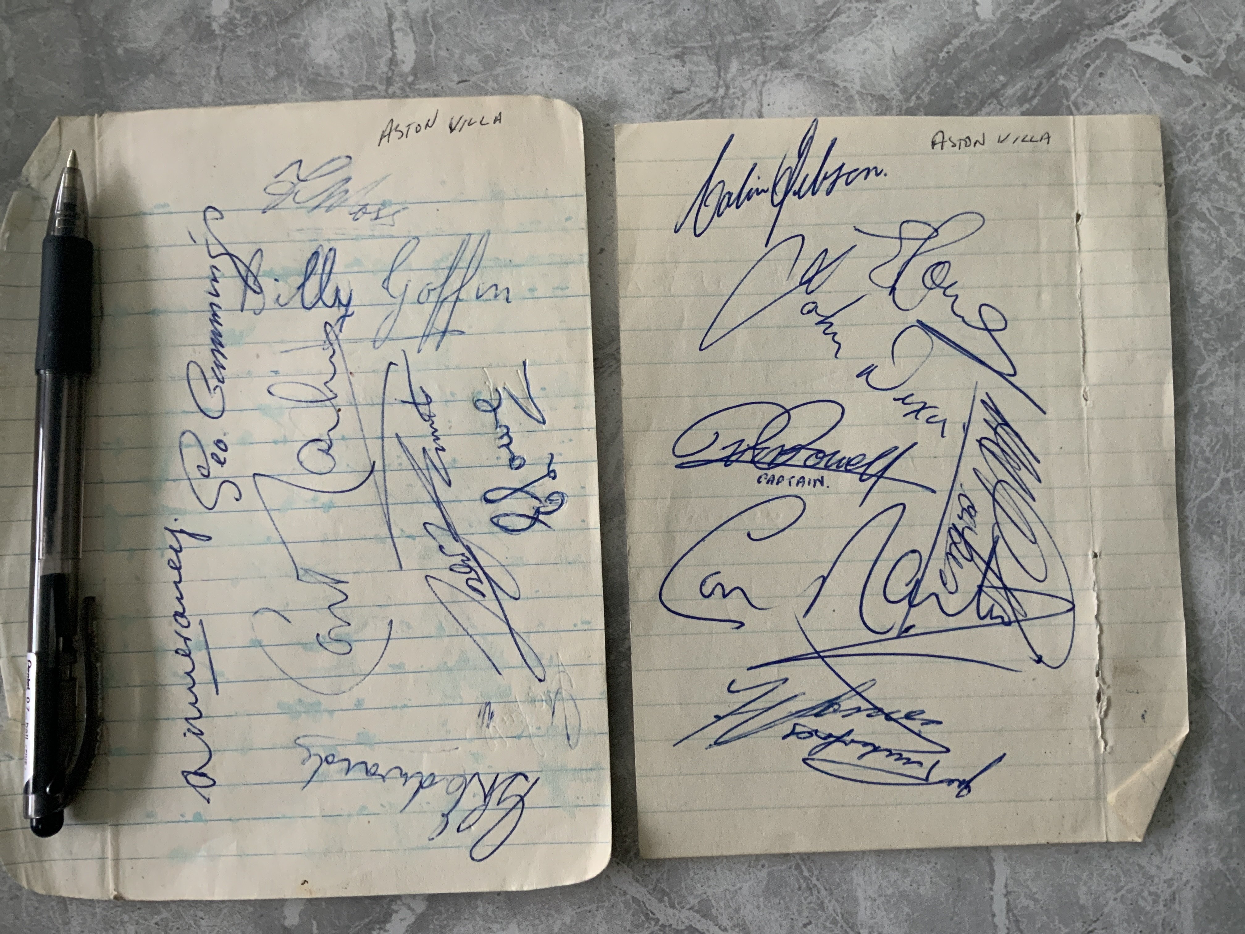 47/48 Aston Villa Football Autographs: Exercise book pages signed by 20 of the 1st division team including Goffin Lowe Cummings Edwards and Moss. Additionally there are 7 players from we believe the season after on a page. There are a few duplicates and pages pictured online with a pen are back to back. (27)