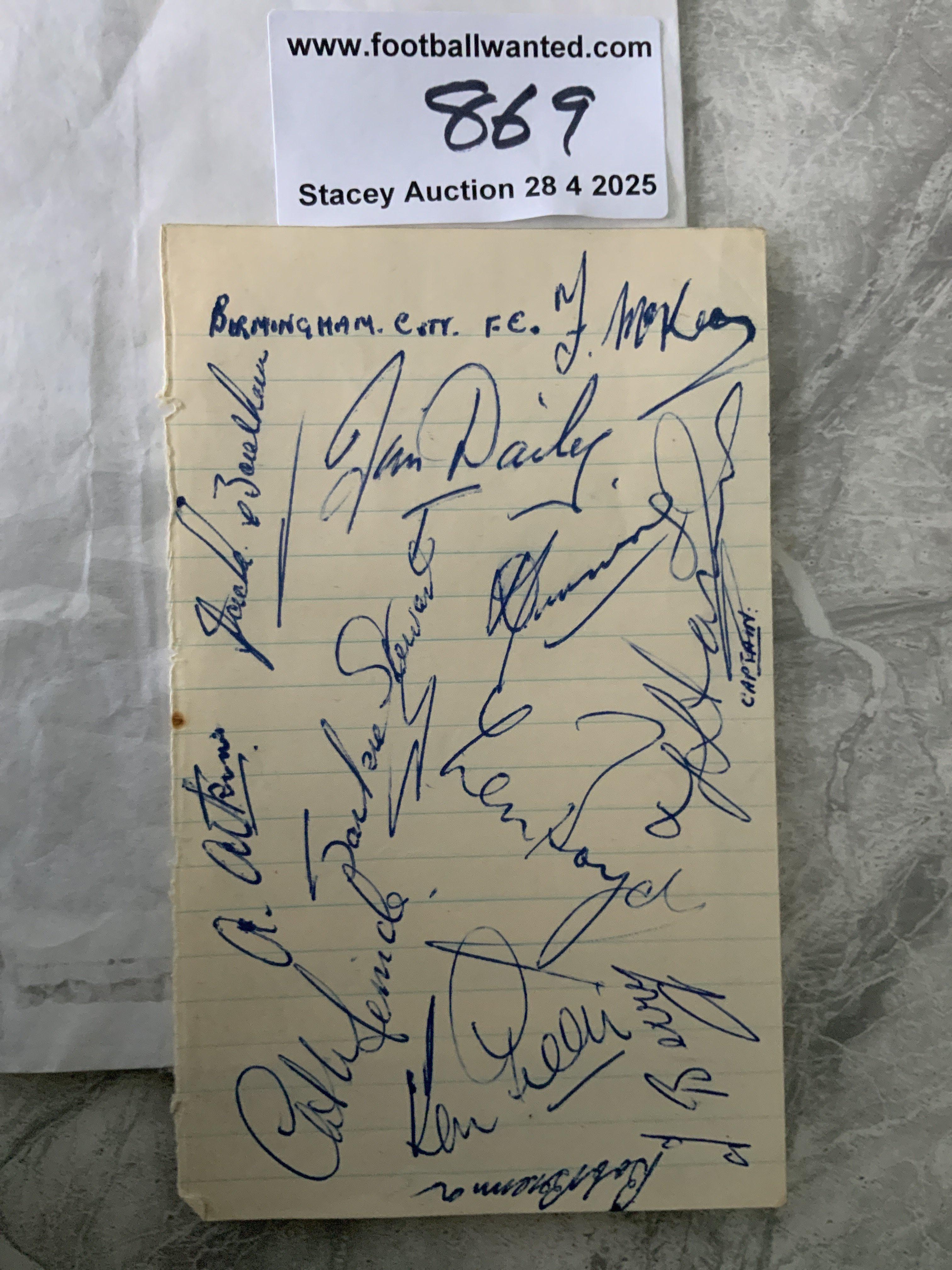 48/49 Birmingham City Football Autographs: Exercise book page signed by 12 of the newly promoted 1st division team including Gil Merrick plus Southam Berry and Harris.