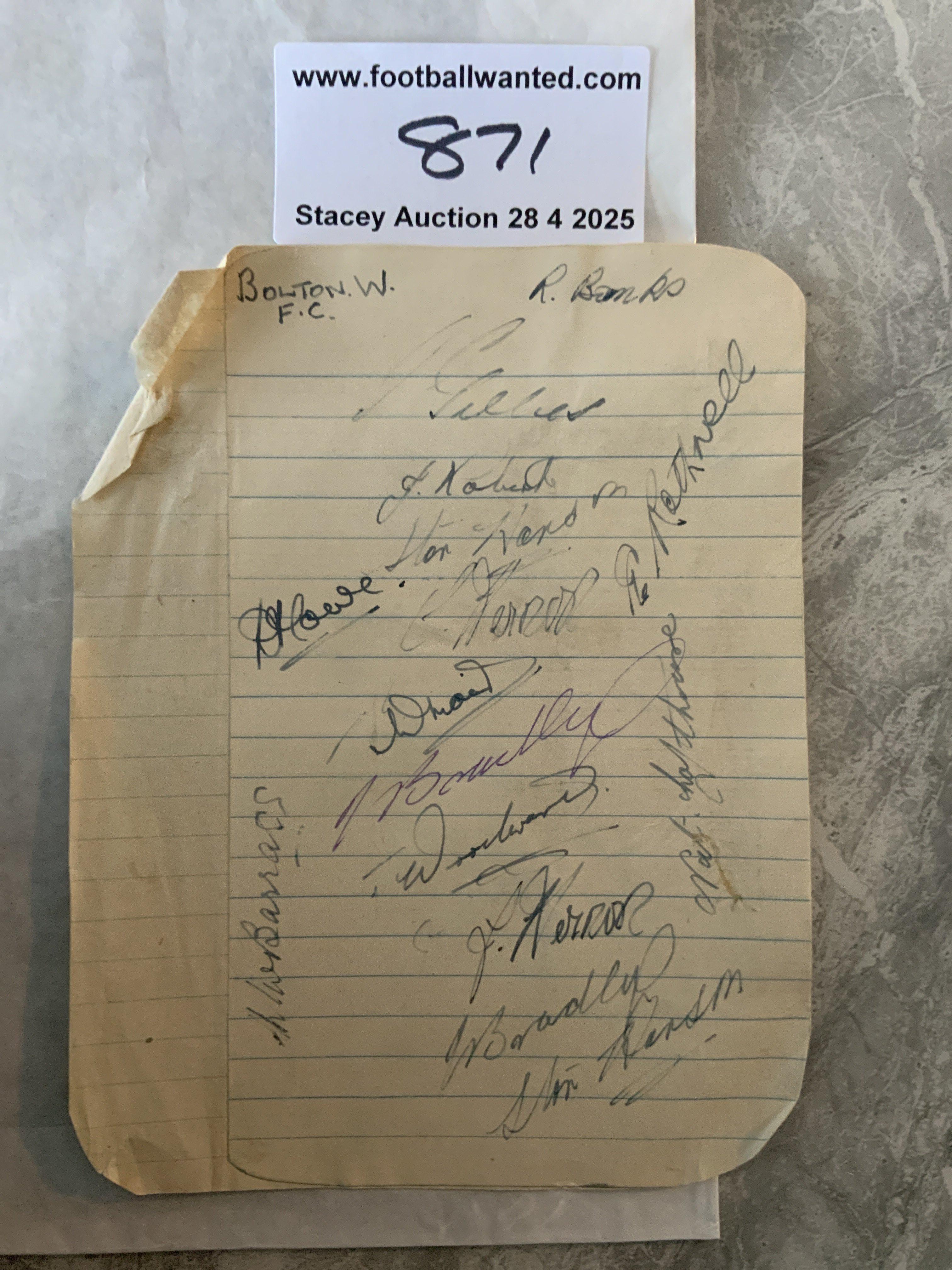 48/49 Bolton Wanderers Football Autographs: Exercise book pages signed by 14 of the squad. Includes a young Don Howe plus Rothwell Barrass and Lofthouse.