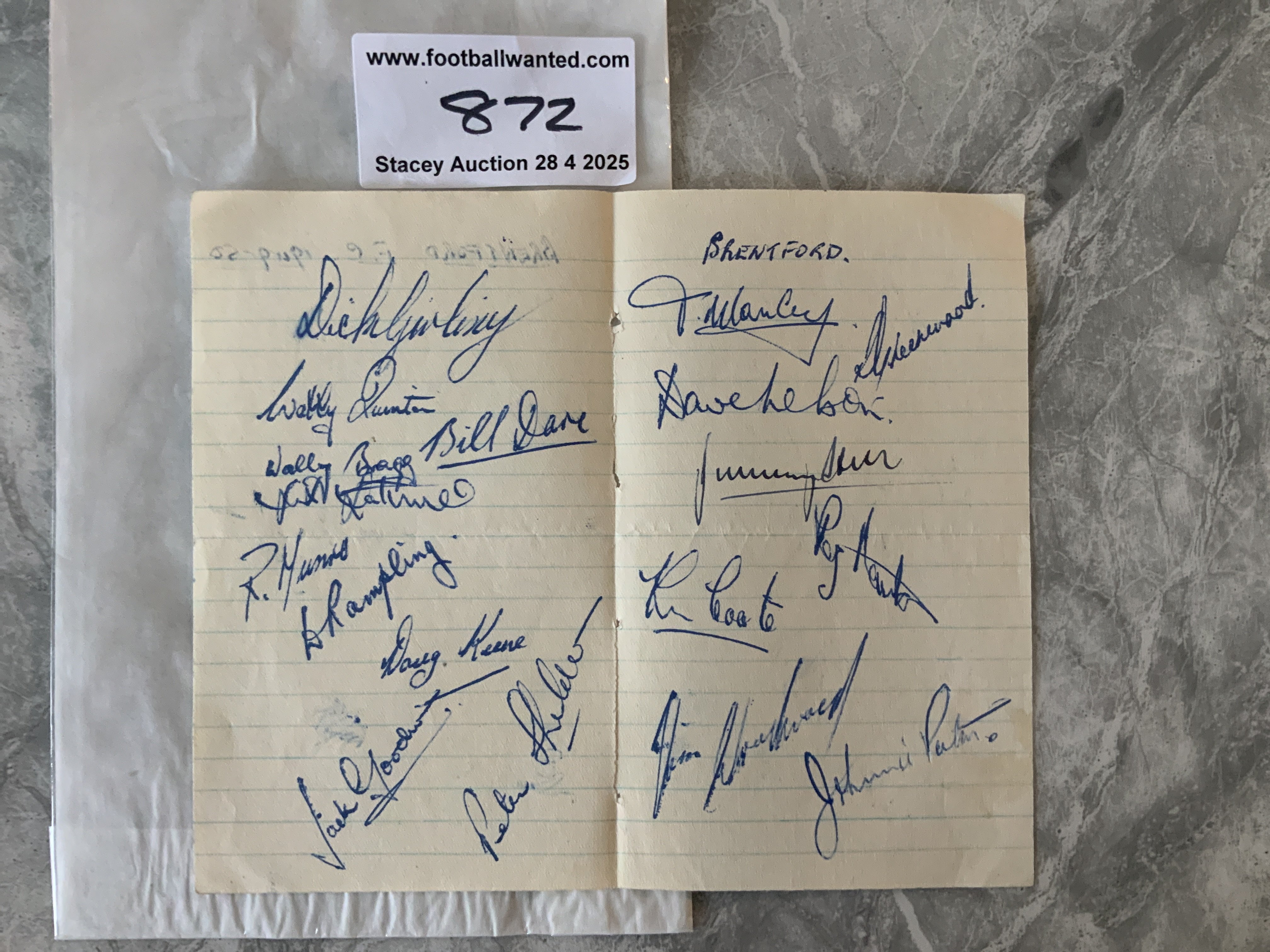49/50 Brentford Football Autographs: Exercise book pages signed by 18 of the squad. Includes Ron Greenwood Billy Dare and David Nelson.