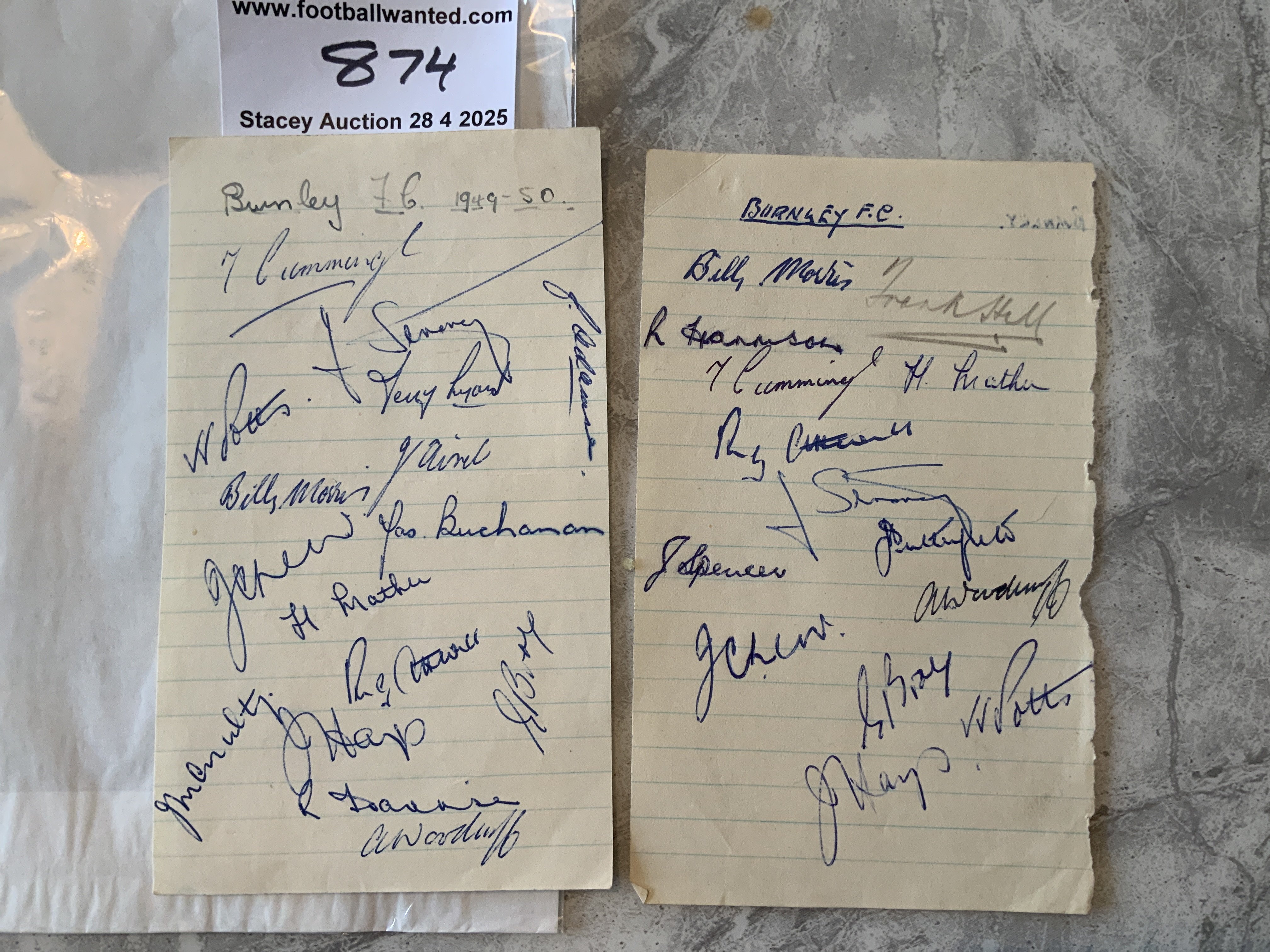 49/50 Burnley Football Autographs: Exercise book pages signed by 15 of the squad. Includes Potts Cummings Hays Morris and Woodruff. C/W a second page possibly from 48/49 with 14 similar autographs.