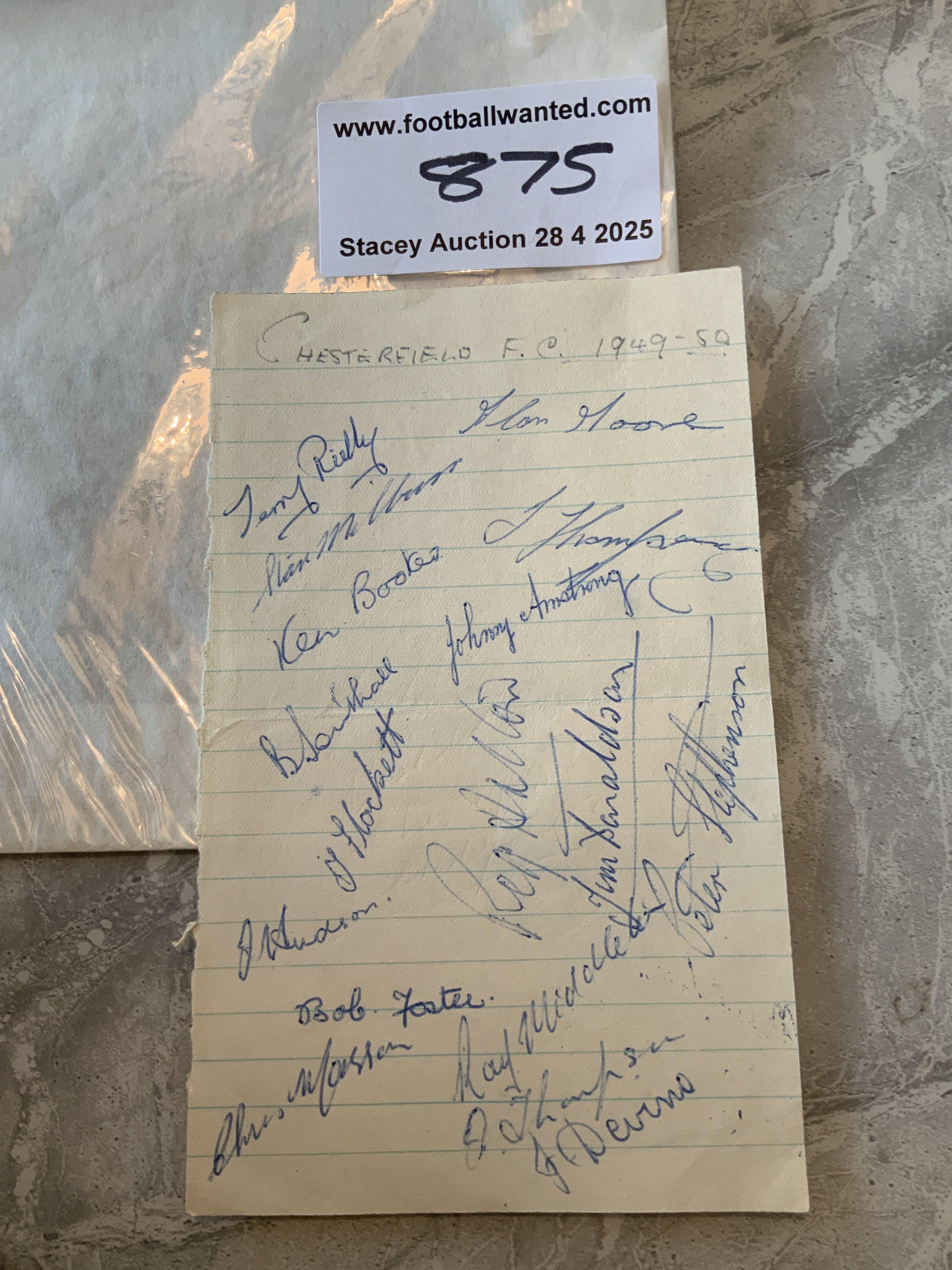 49/50 Chesterfield Football Autographs: Exercise book pages signed by 17 of the squad. Includes Booker Armstrong Donaldson and Middleton.