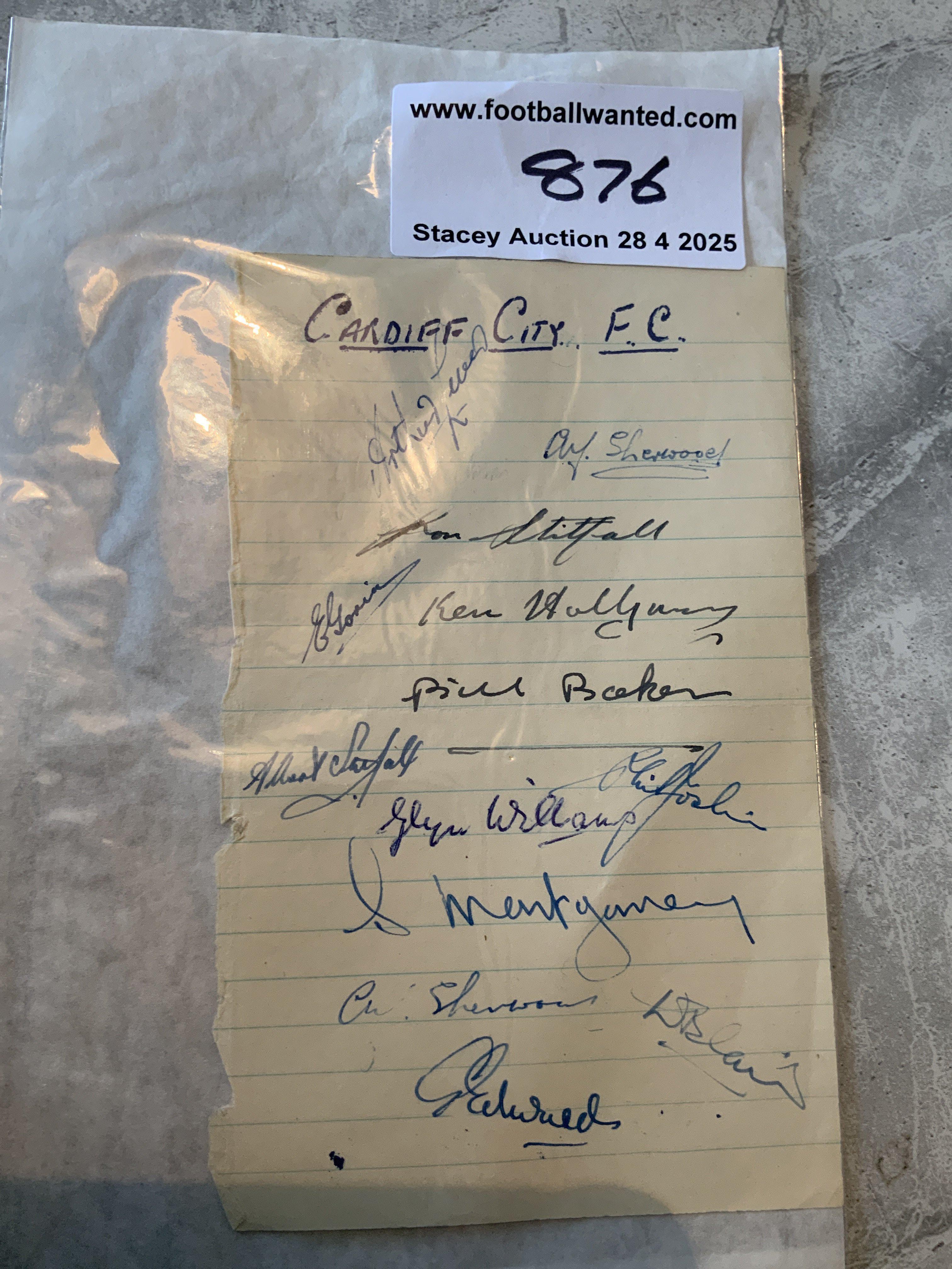 49/50 Cardiff City Football Autographs: Exercise book pages signed by 13 of the squad. Includes Montgomery Williams and Sherwood.