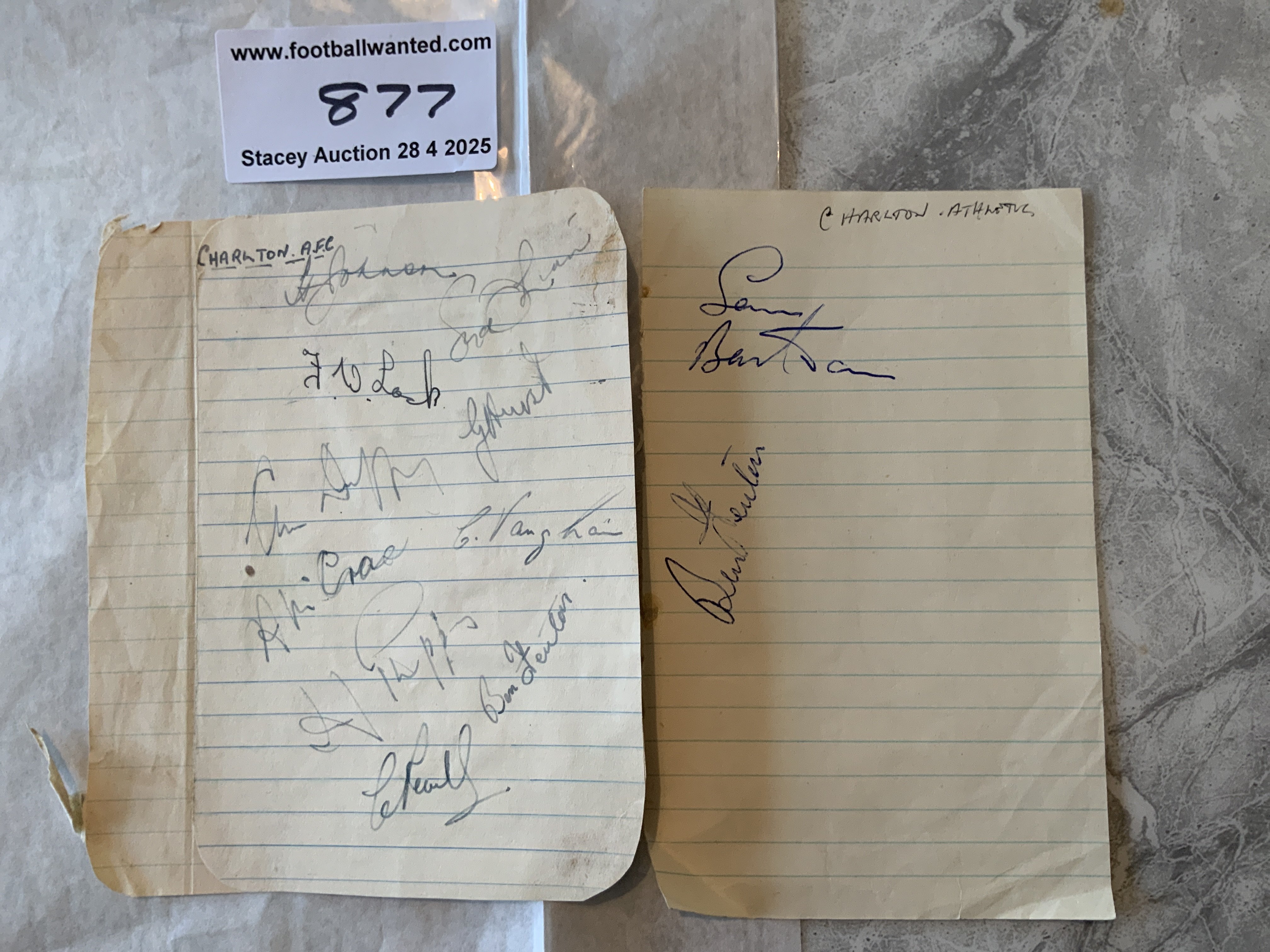 49/50 Charlton Football Autographs: Two exercise book pages signed by 12 of the squad. Includes McCrae Lock Bartram and Fenton.