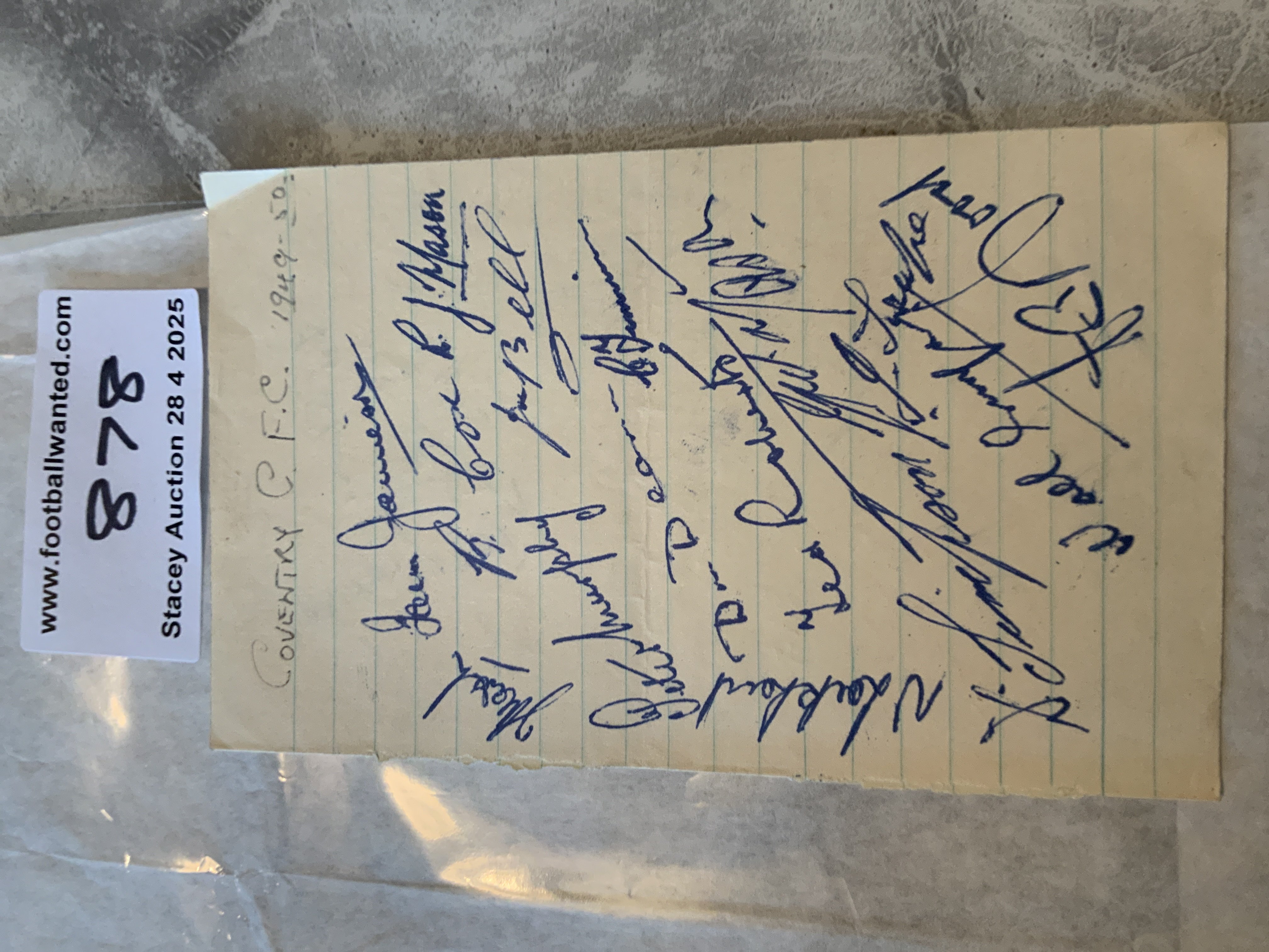 49/50 Coventry City Football Autographs: Exercise book pages signed by 15 of the squad. Includes Mason Roberts Murphy and Jamieson.