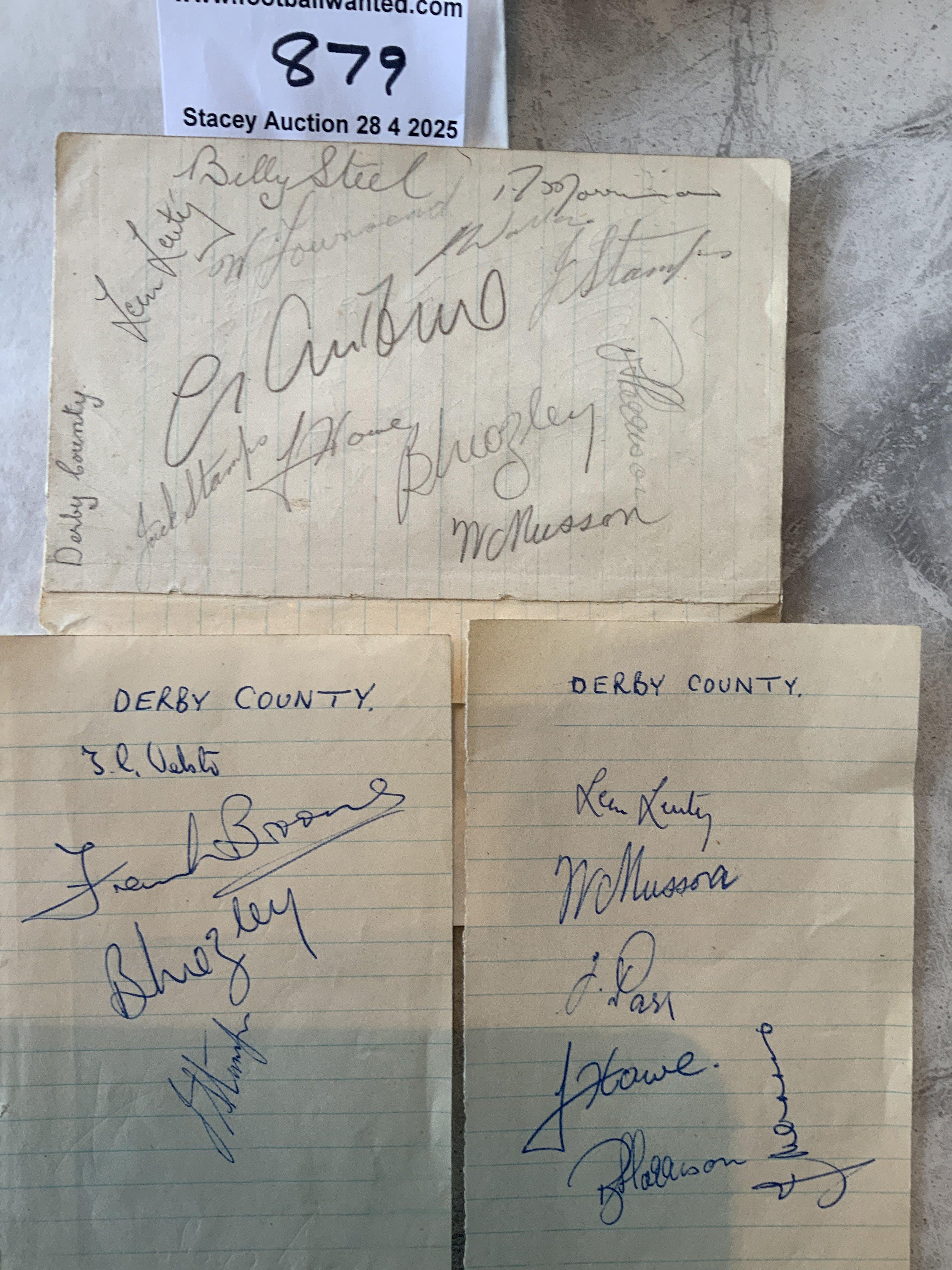 49/50 Derby County Football Autographs: Three exercise book pages one signed by 12 of the squad in pencil to include Billy Steel and Leon Leuty. A further two pages signed in pen by 10 from a similar era.