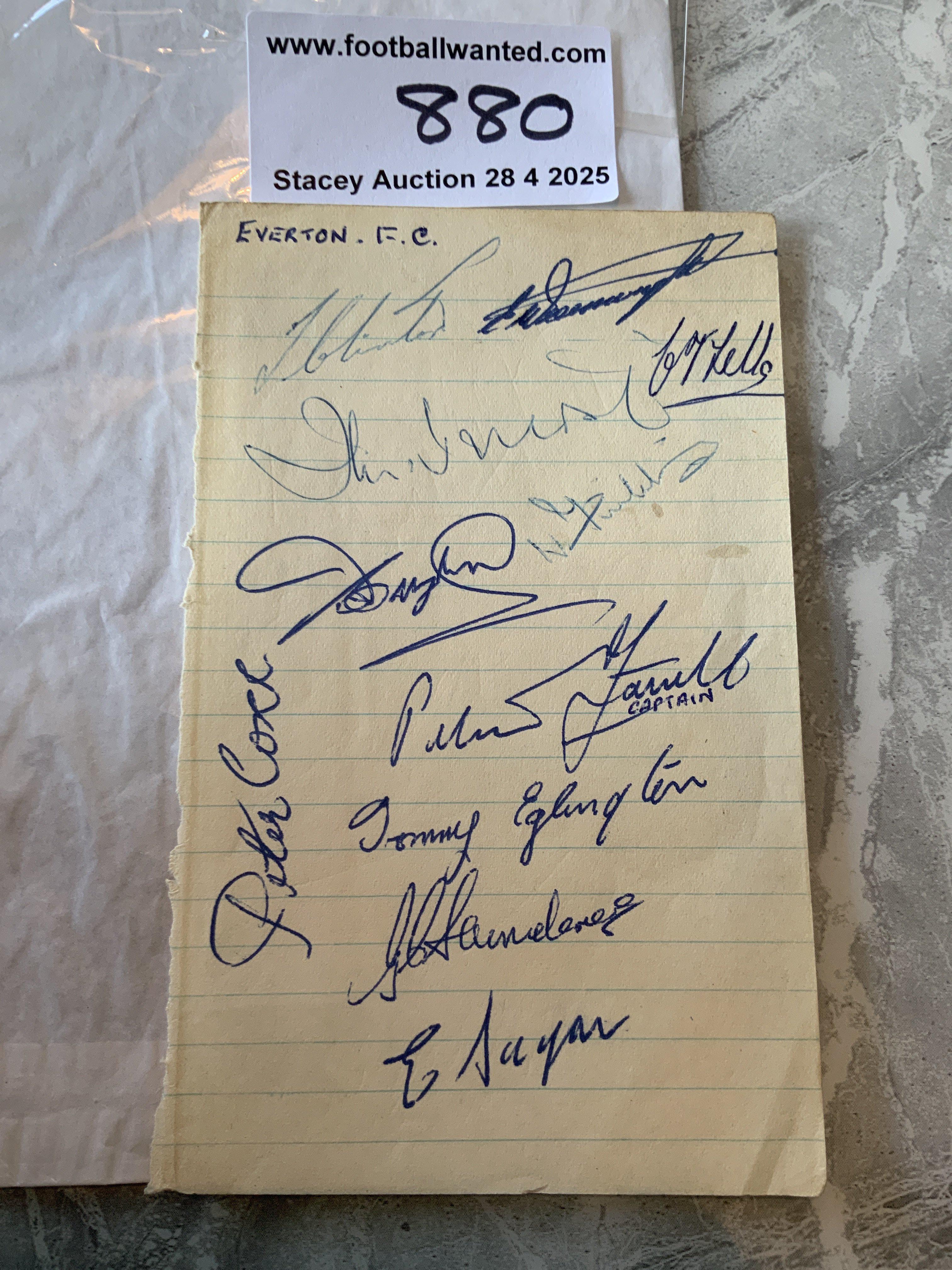 49/50 Everton Football Autographs: Exercise book pages signed by 11 of the squad. Includes Eglington Corr and Farrell.