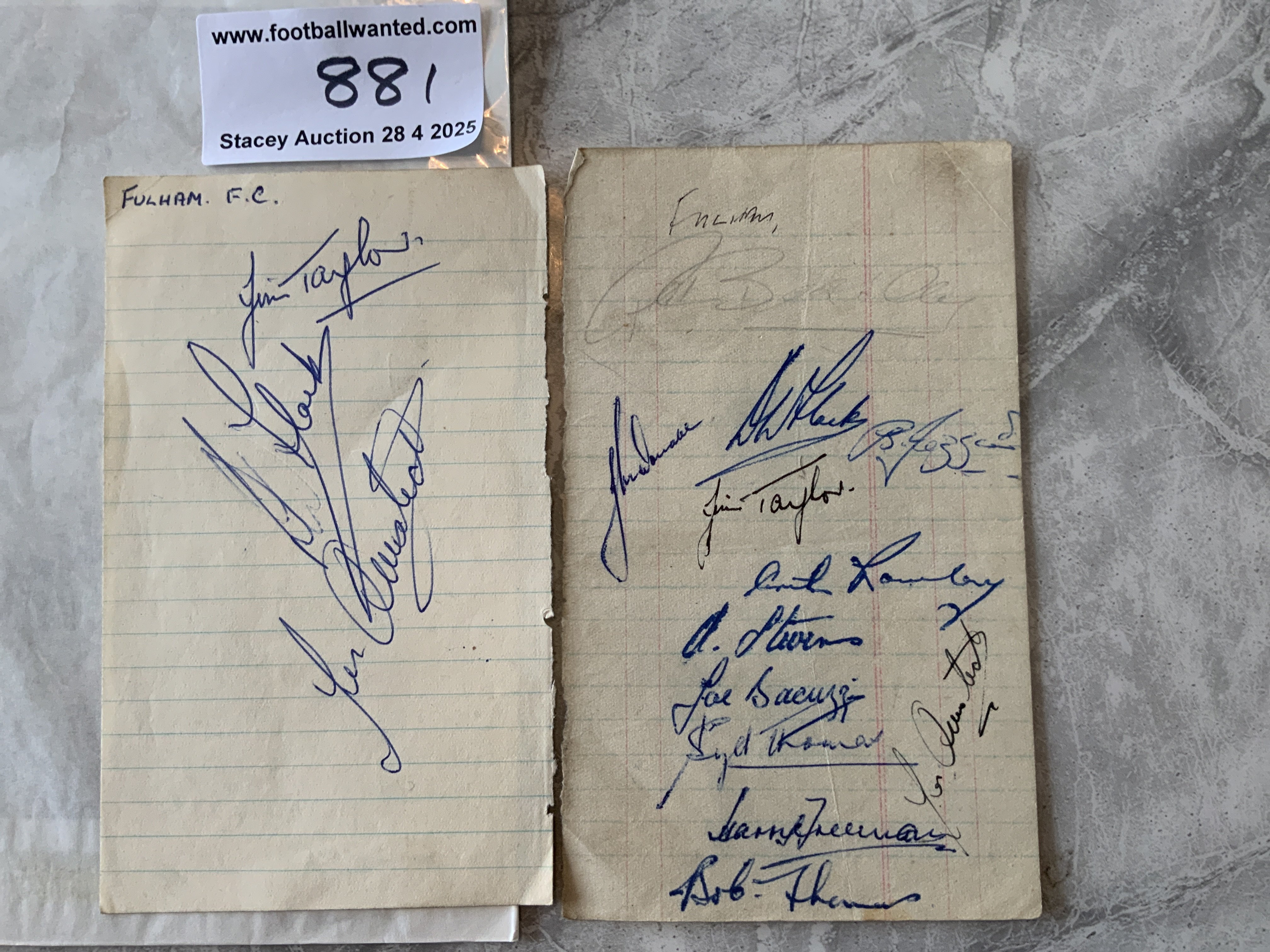 48/49 Fulham Football Autographs: Two exercise book pages signed by 15 of the squad. Includes Bacuzzi Freeman and Thomas. Taylor has signed both pages.