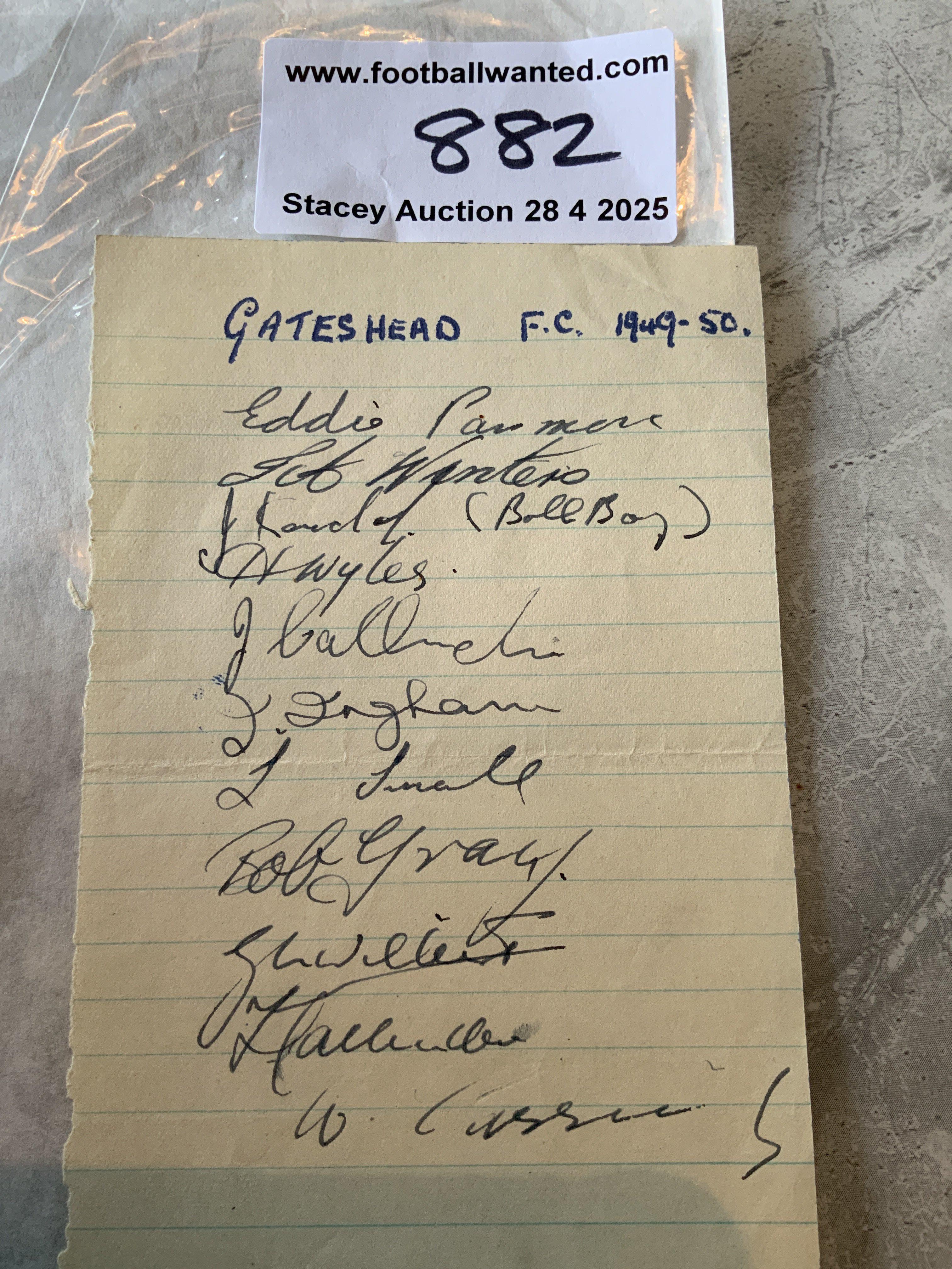 49/50 Gateshead Football Autographs: Exercise book pages signed by 11 of the squad. Includes Wyles Cassidy Winters and Small.