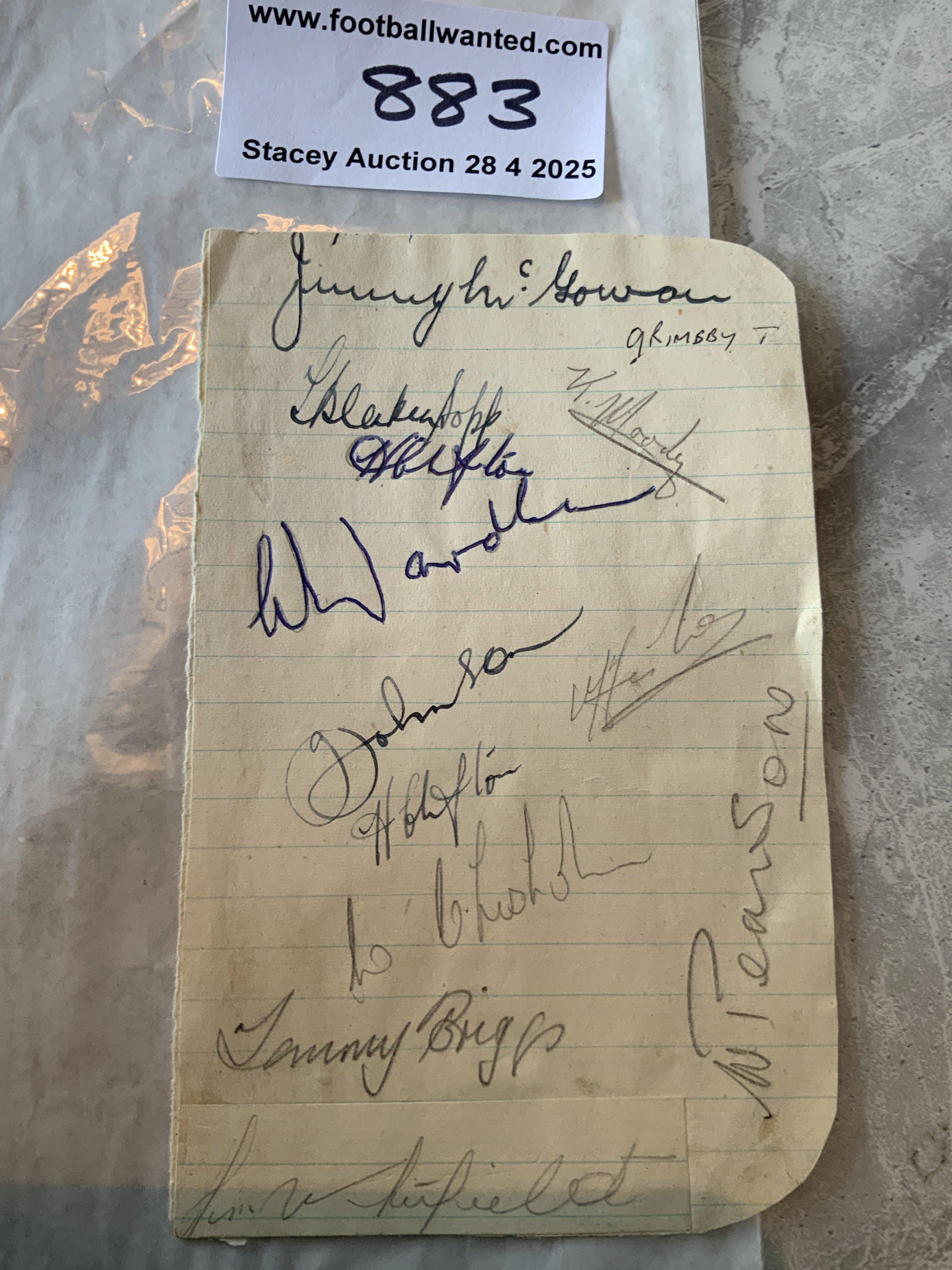 48/49 Grimsby Town Football Autographs: Exercise book pages signed by 12 of the squad. Includes Briggs Pearson Chisholm and Clifton.