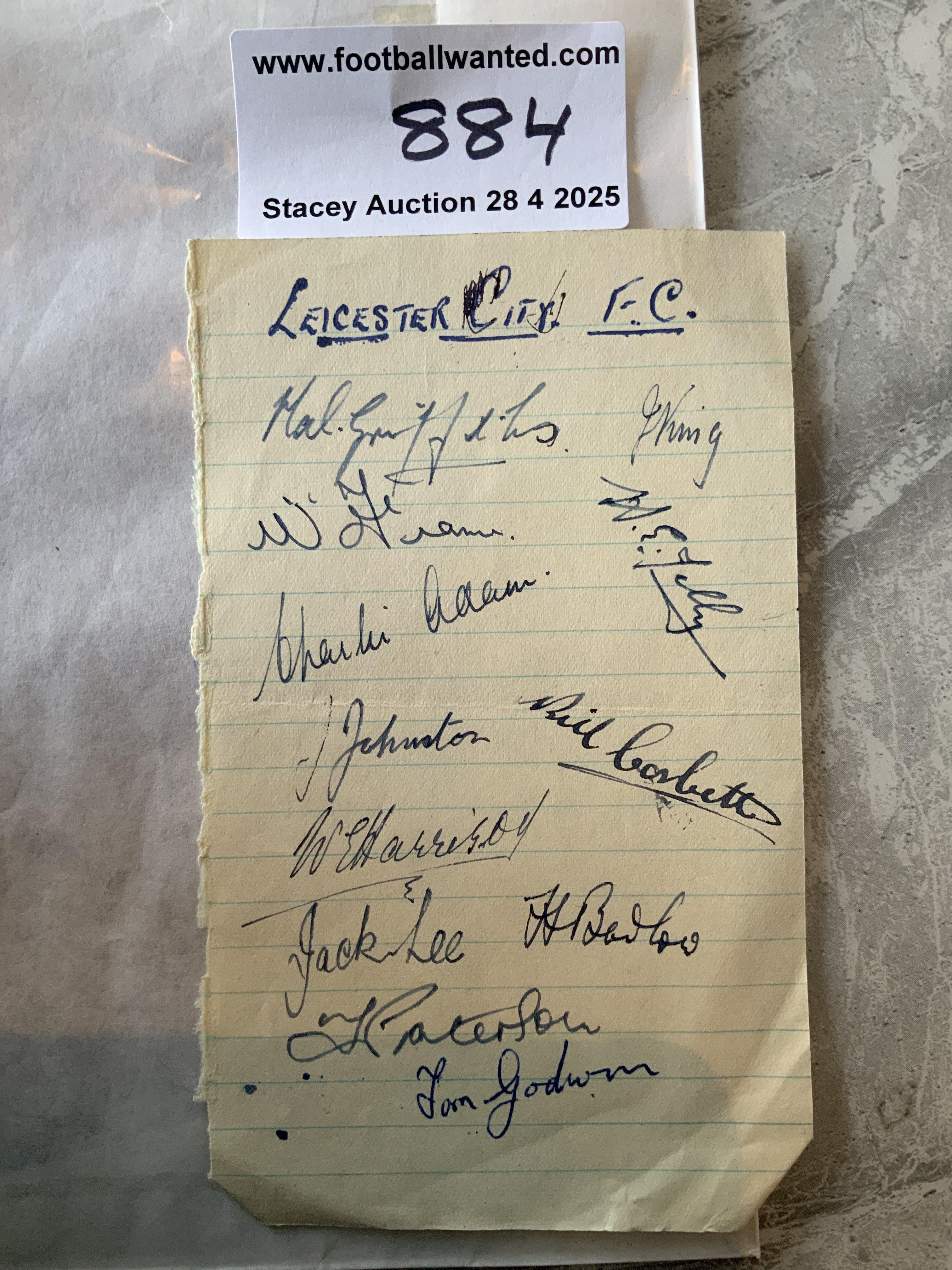 49/50 Leicester City Football Autographs: Exercise book pages signed by 12 of the squad. Includes Griffiths Adam Corbett and King.