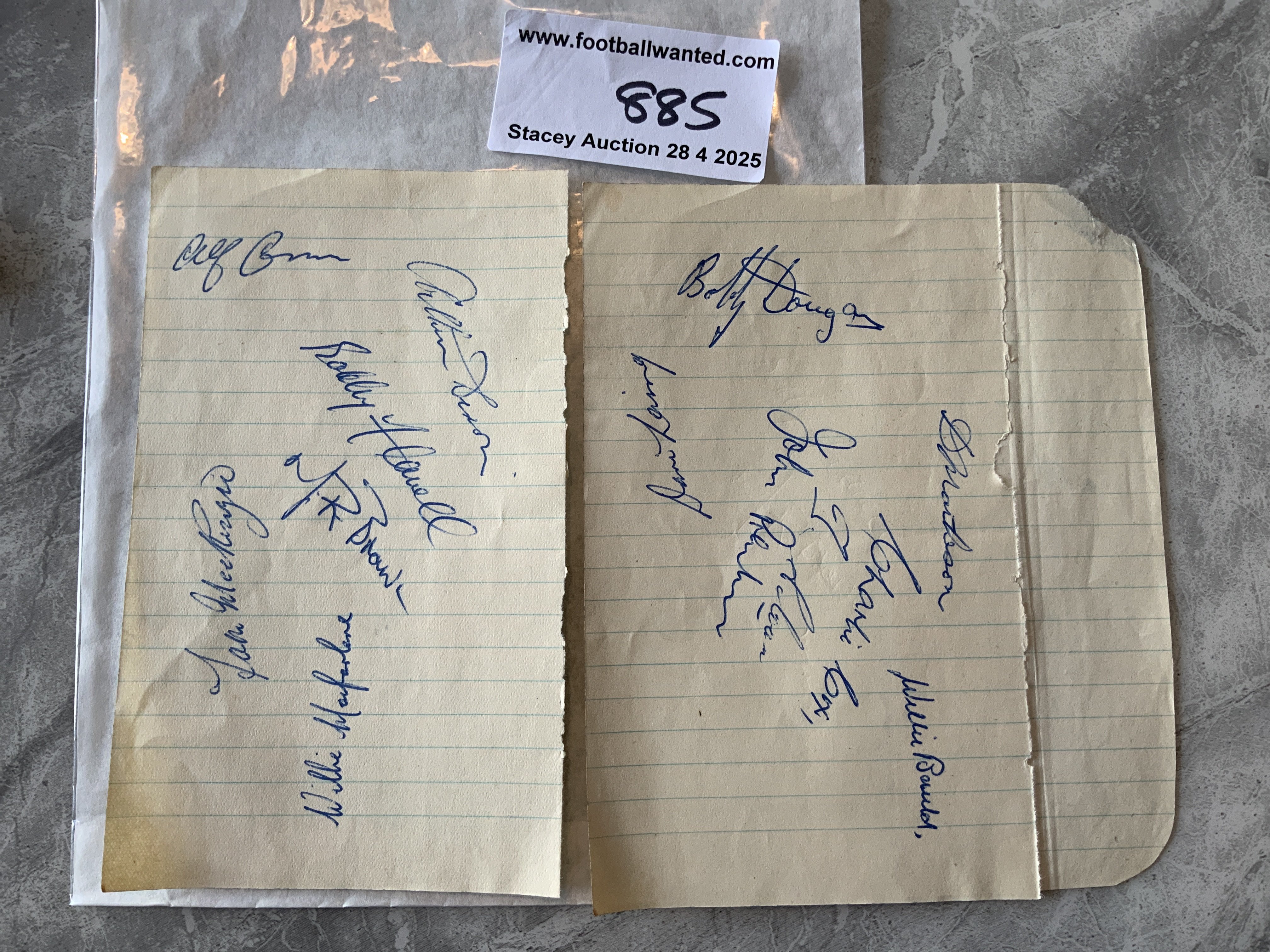 49/50 Hearts Football Autographs: Two exercise book pages signed by 13 of the squad. Includes Alfie Conn Flavell Brown Dixon Mackenzie and MacFarlane