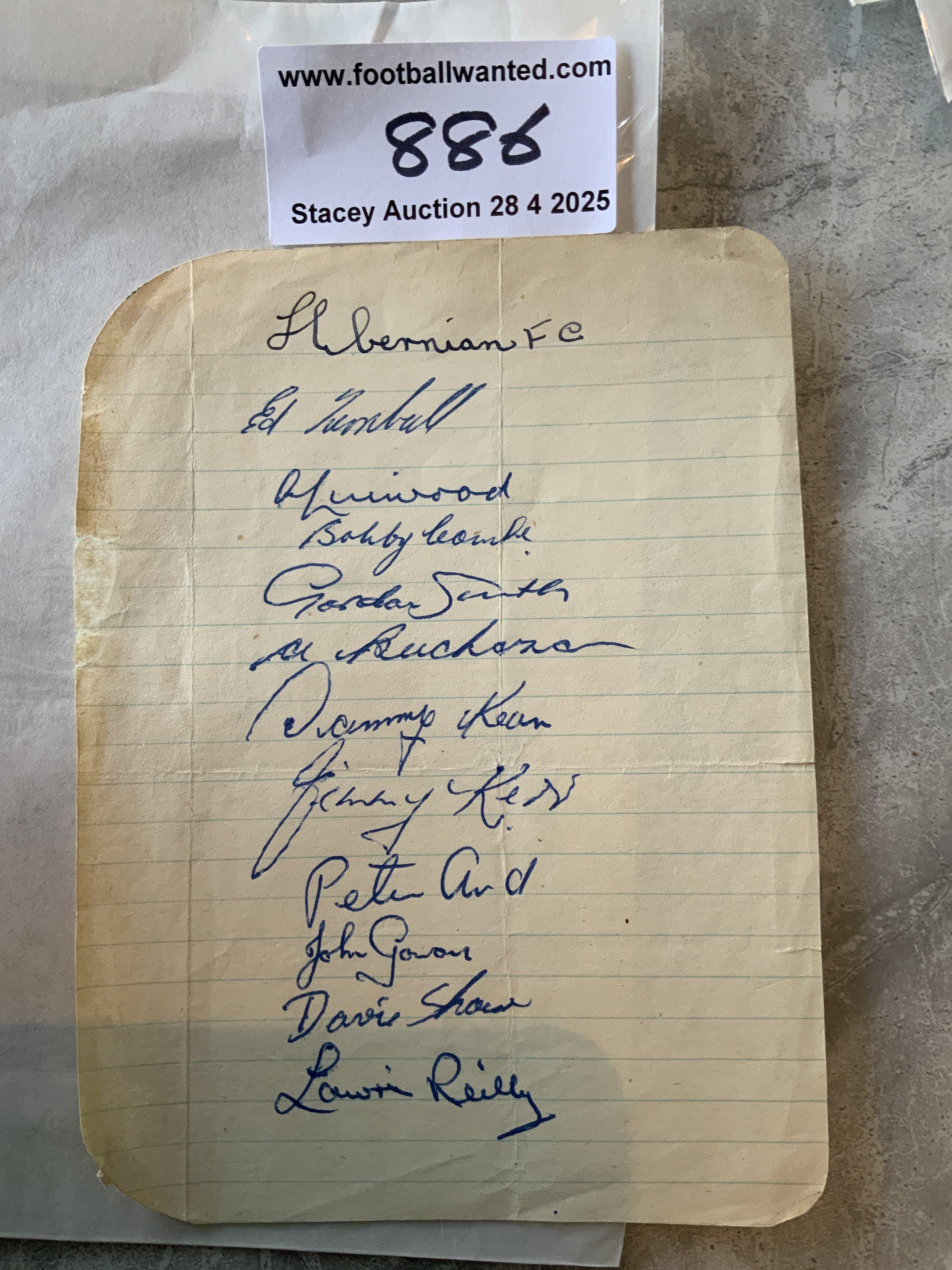 48/49 Hibernian Football Autographs: Exercise book pages signed by 11 of the squad. Includes Gowan Reilly and Shaw.