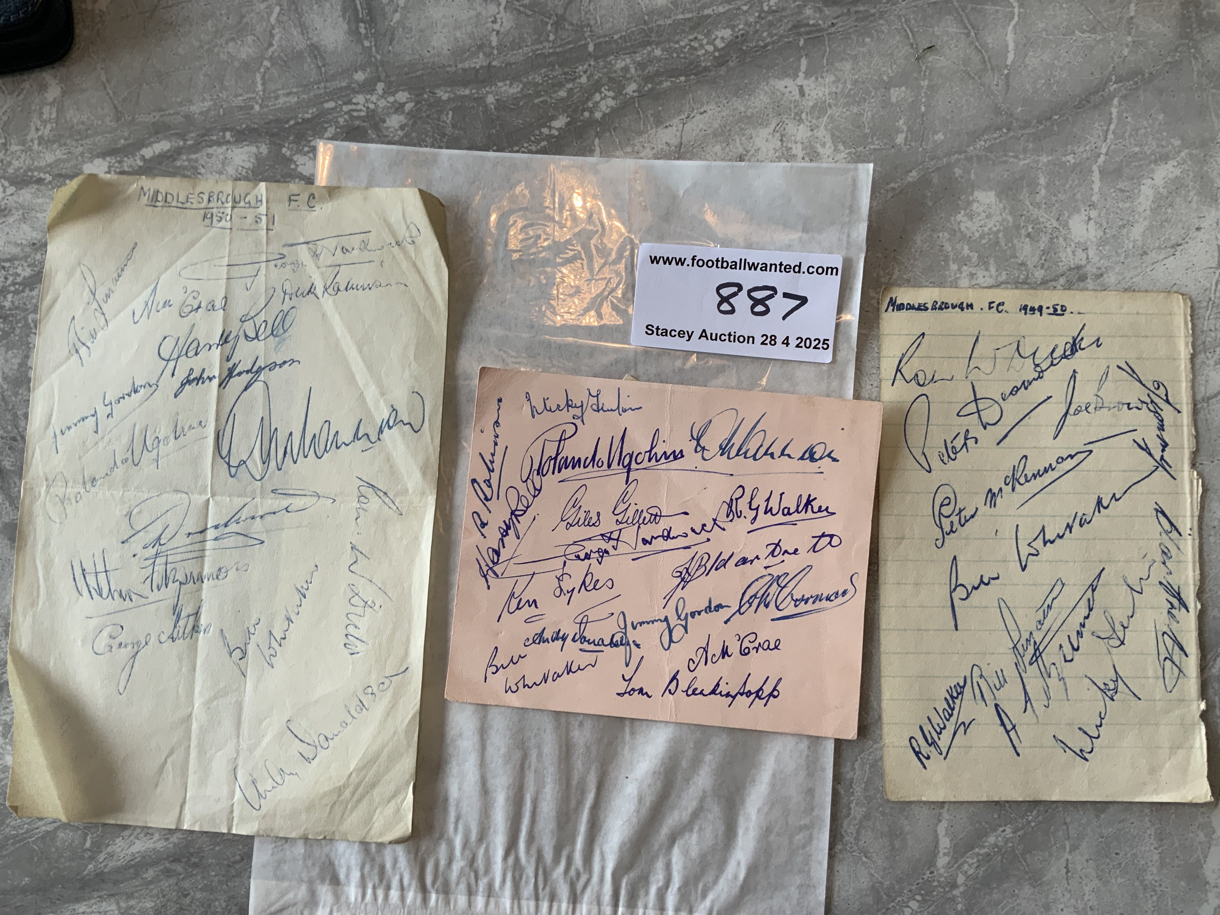 Late 1940s Middlesbrough Football Autographs: Three pages from 48/49 (16) 49/50 (11) and 50/51 (15). Some great names to include Blenkinsopp Mannion Gordon and Hardwick. 47 autographs in total.