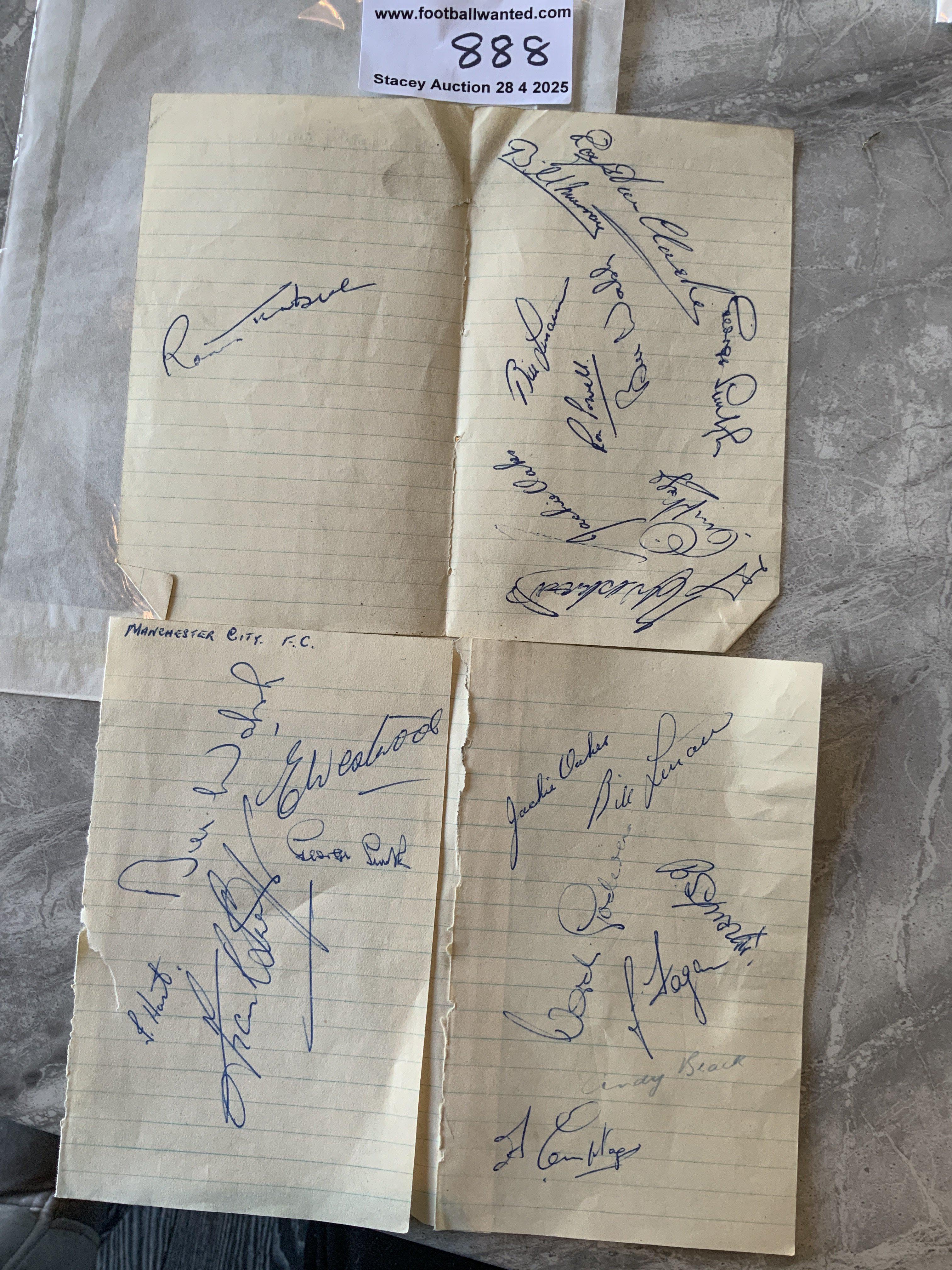 Late 1940s Manchester City Football Autographs: Two double exercise book pages from two different late 40s seasons. One signed by 10 of the squad and a further by 12 Includes Joe Fagan Black Smith Clarke Walsh and Murray.