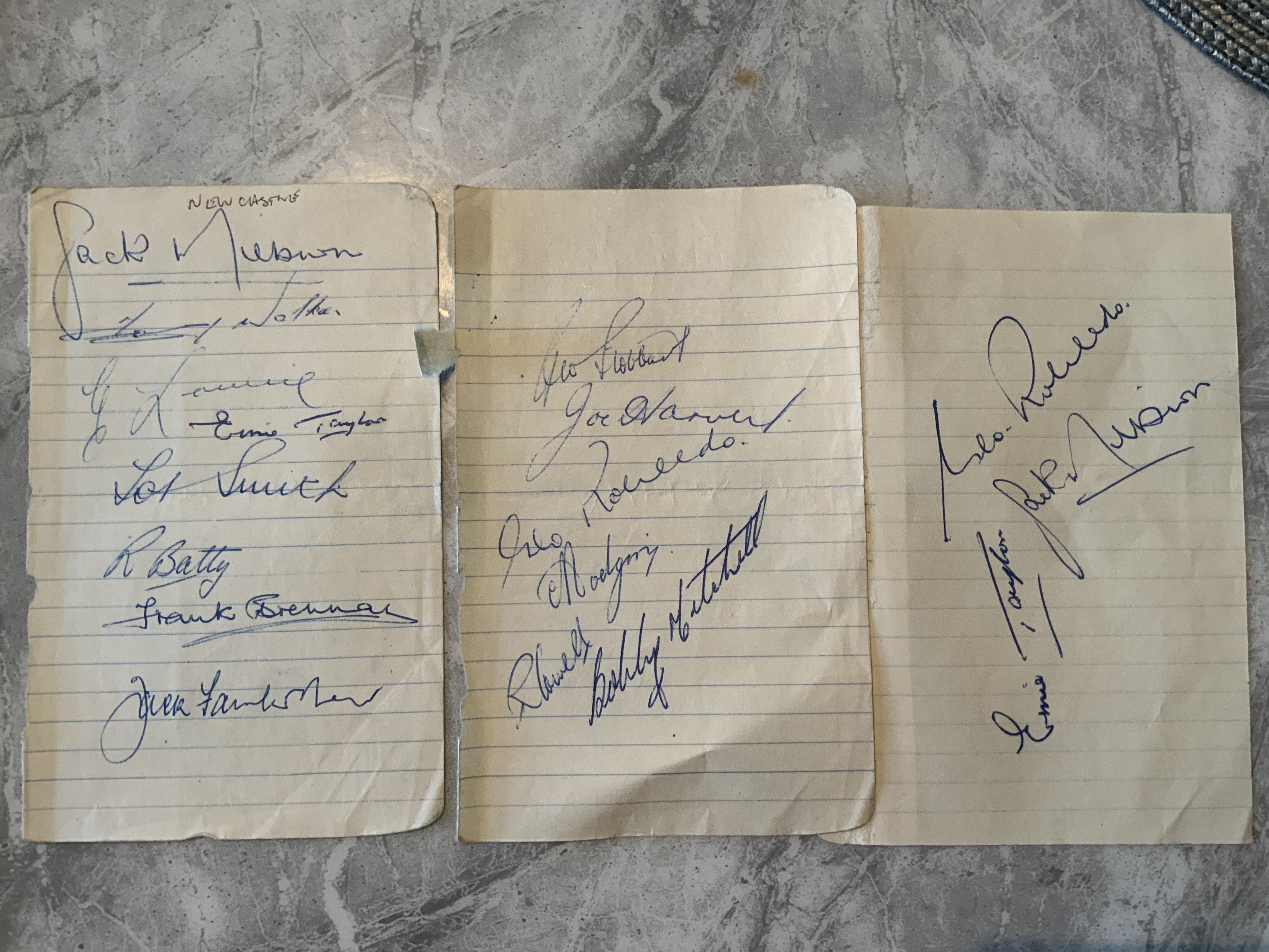 48/49 Newcastle United Football Autographs: Three exercise book pages from the late 40s. Signed by 17 of the squad to include Milburn Mitchell Taylor Robledo Harvey Stobbard Fairbrother Batty and Brennan. Couple of duplicates.