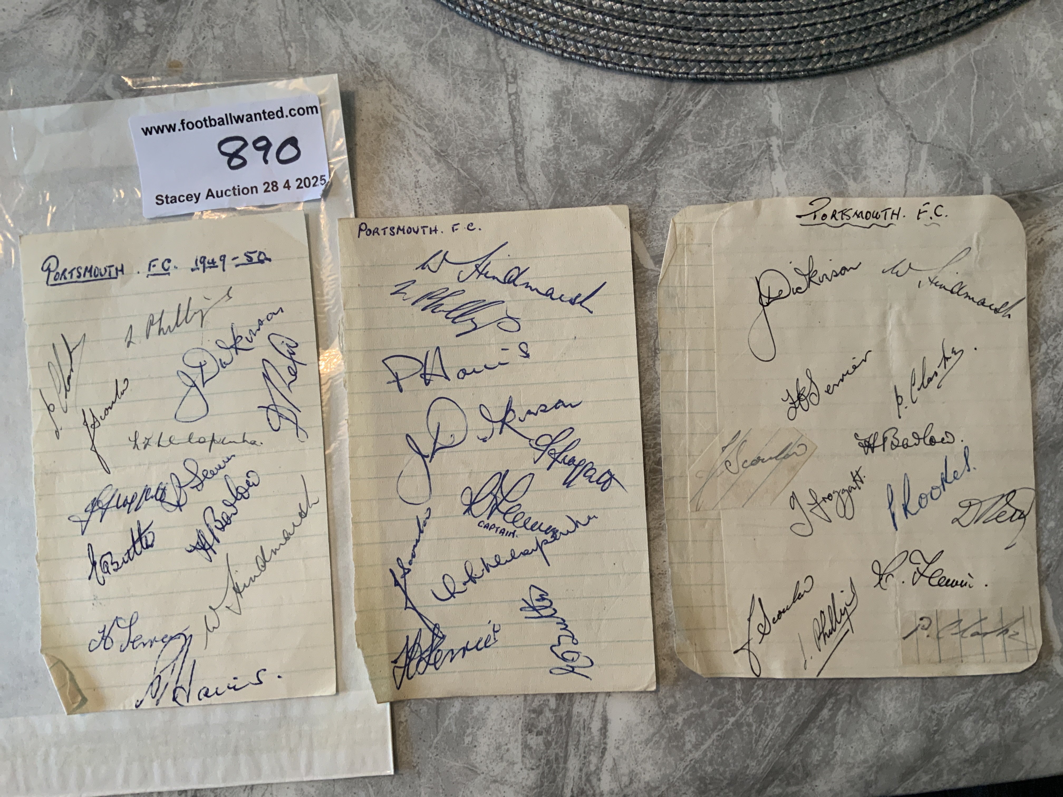 Late 1940s Portsmouth Champions Football Autographs: Three exercise book pages from three different late 40s seasons including 48/49 and 49/50 when they were 1st Division champions. Two signed by 13 of the squad and a further one by 10. Includes Dickinson Harris Froggatt Flewin Hindmarch Phillips Ferrier Barlow and Butler. (36)