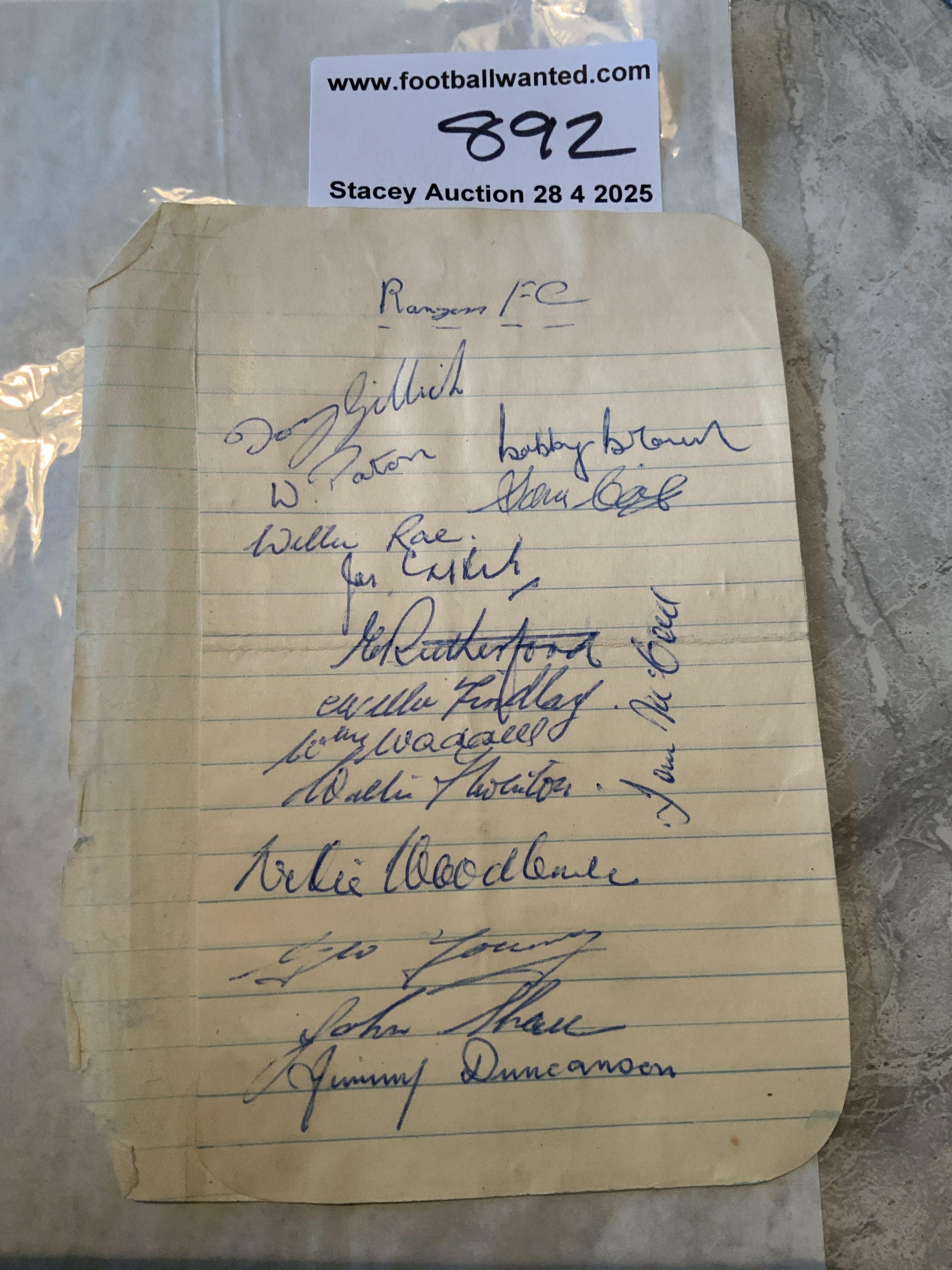 Glasgow Rangers 48/49 Treble Winners Football Autographs: Exercise book page signed by 15 of the squad. Includes Brown Shaw McColl Woodburn Cox Waddell Findlay Thornton Duncanson Rutherford Gillich Rae and Paton.
