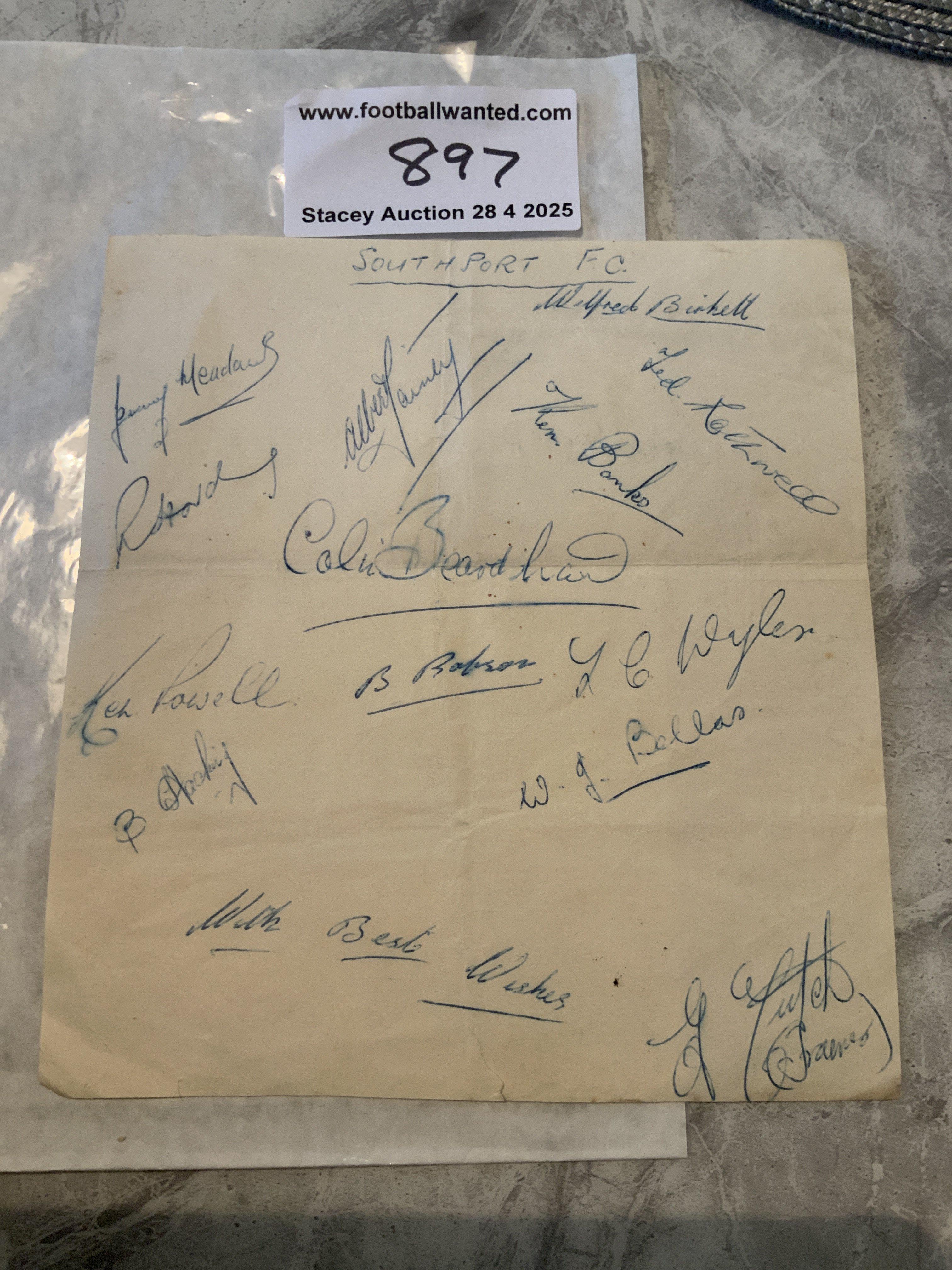 Late 1940s Southport Football Autographs: Page signed by 13 of the squad including Meadows Powell Wyles and Banks.