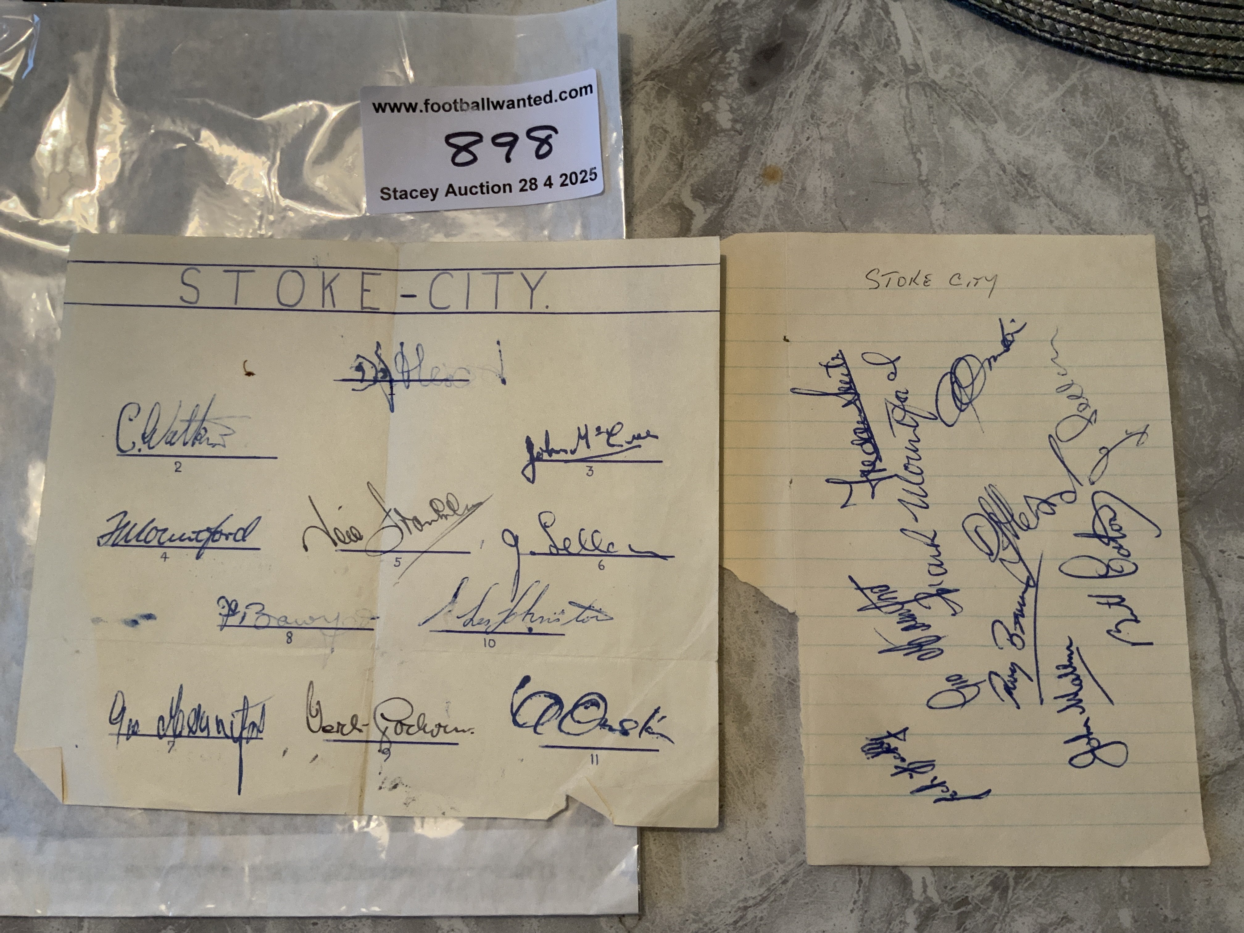 Late 1940s Stoke City Football Autographs: Two pages one signed by 11 in position of the field and a further by 10 on lined page. Includes top goalscorer Frank Bowyer plus England International Neil Franklin.