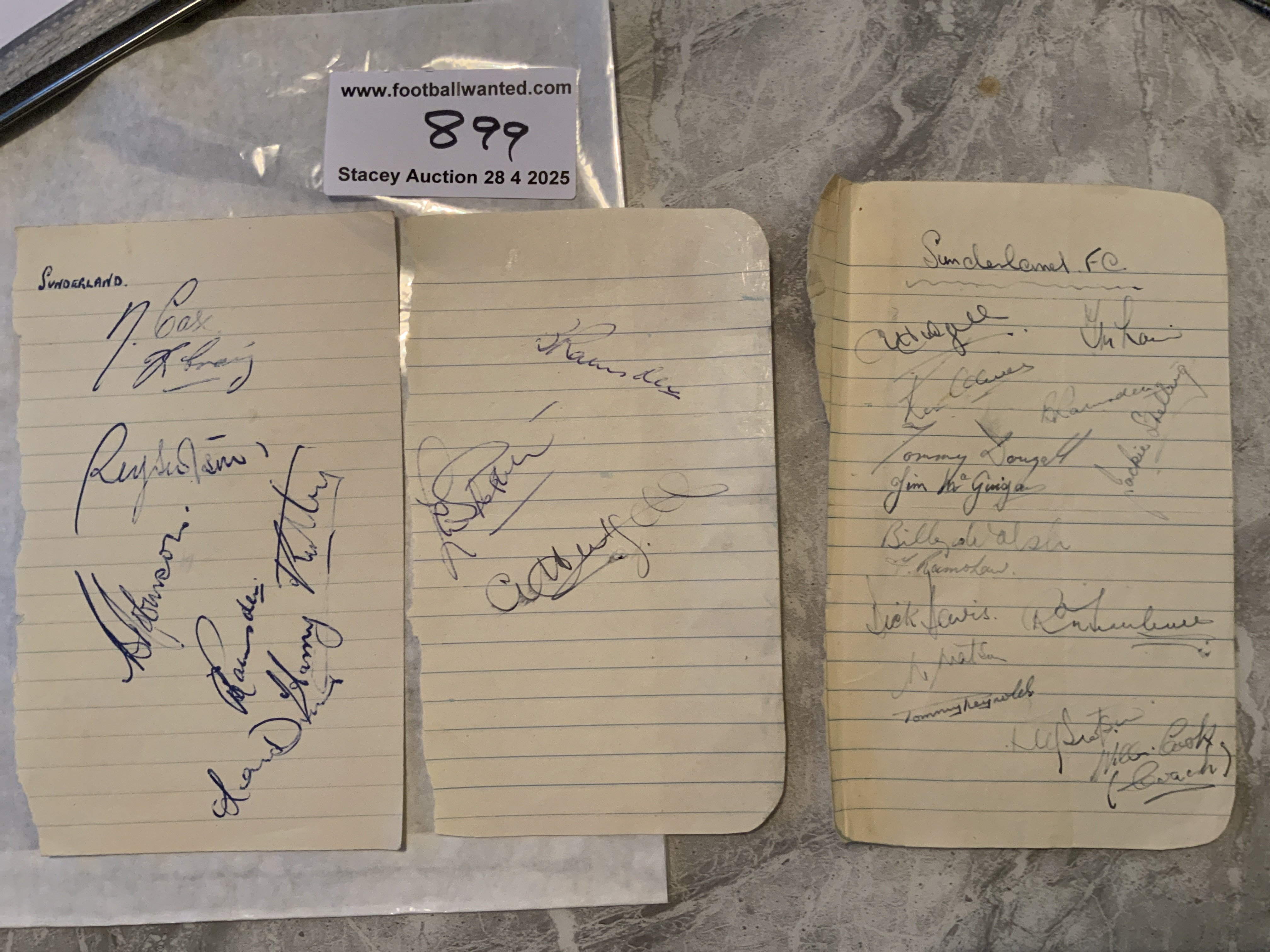 Late 1940s Sunderland Football Autographs: Exercise book page signed by 15 of the squad plus a further two pages signed by 10. Includes Len Shackleton and Dickie Davis.