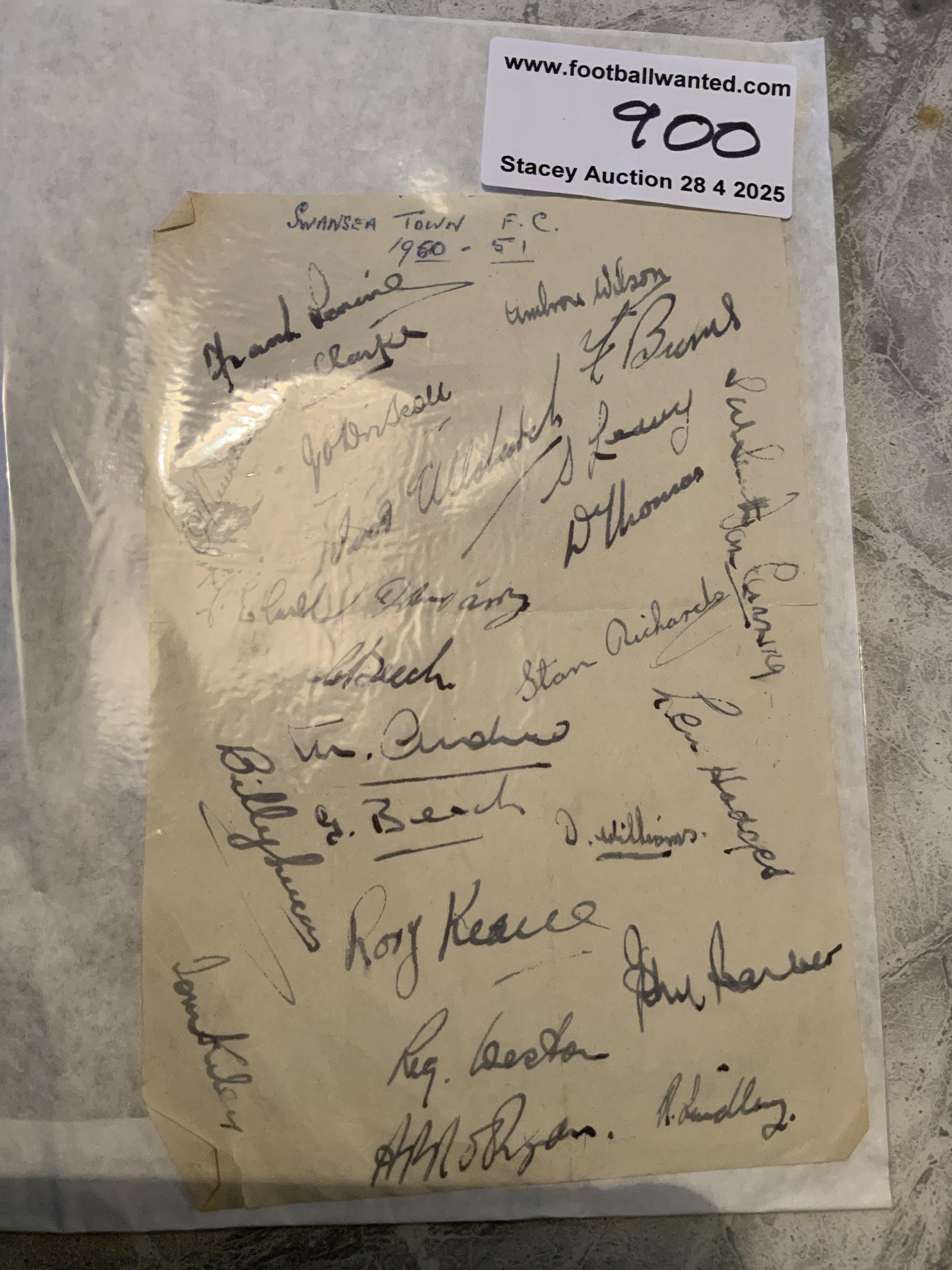 50/51 Swansea Football Autographs: Page signed by 25 of the squad including Richards Beech Thomas and Wilson.