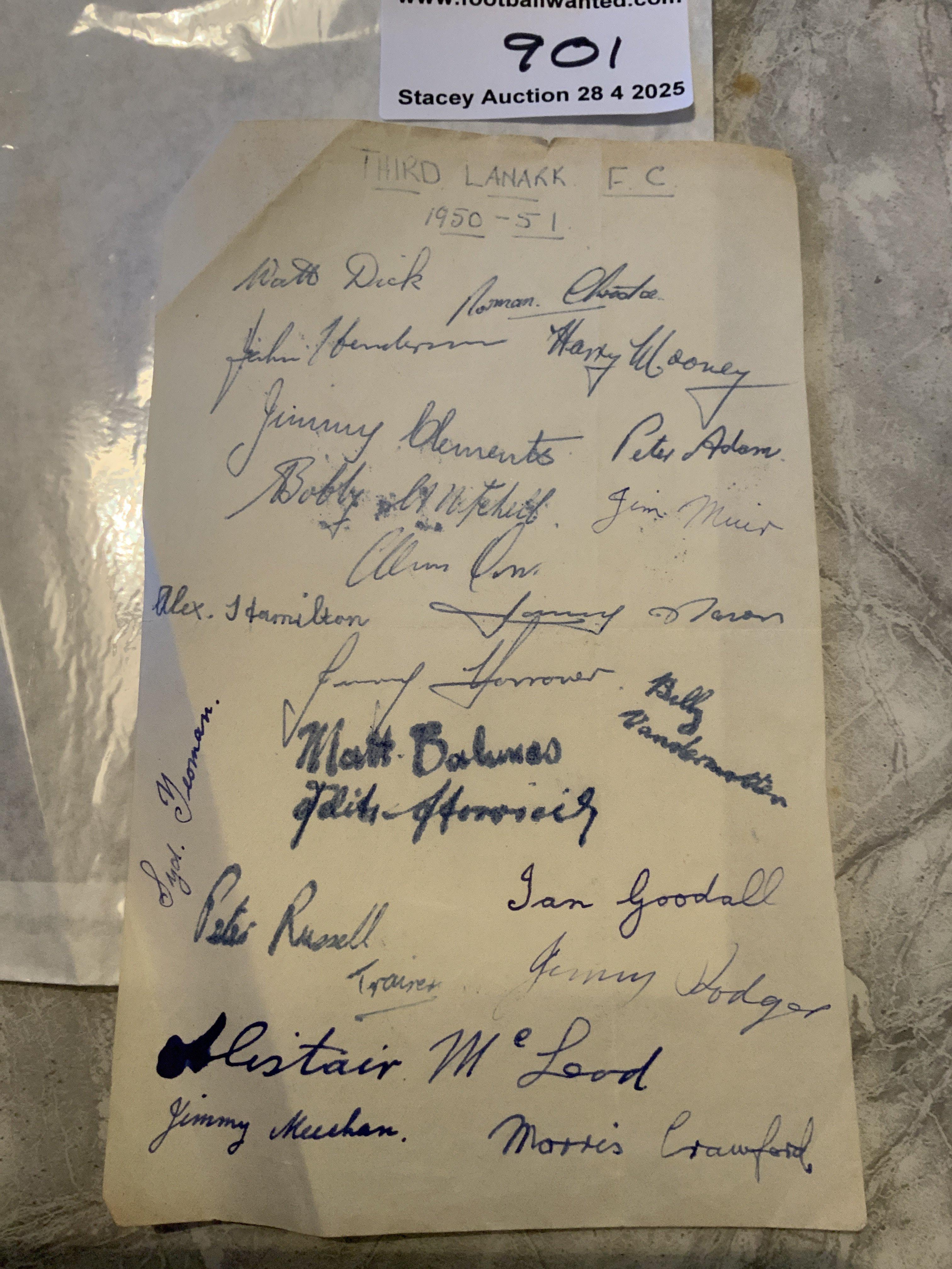 50/51 Third Lanark Football Autographs: Page signed by 24 of the squad including Clements Dick Goodall and Ally Macleod.