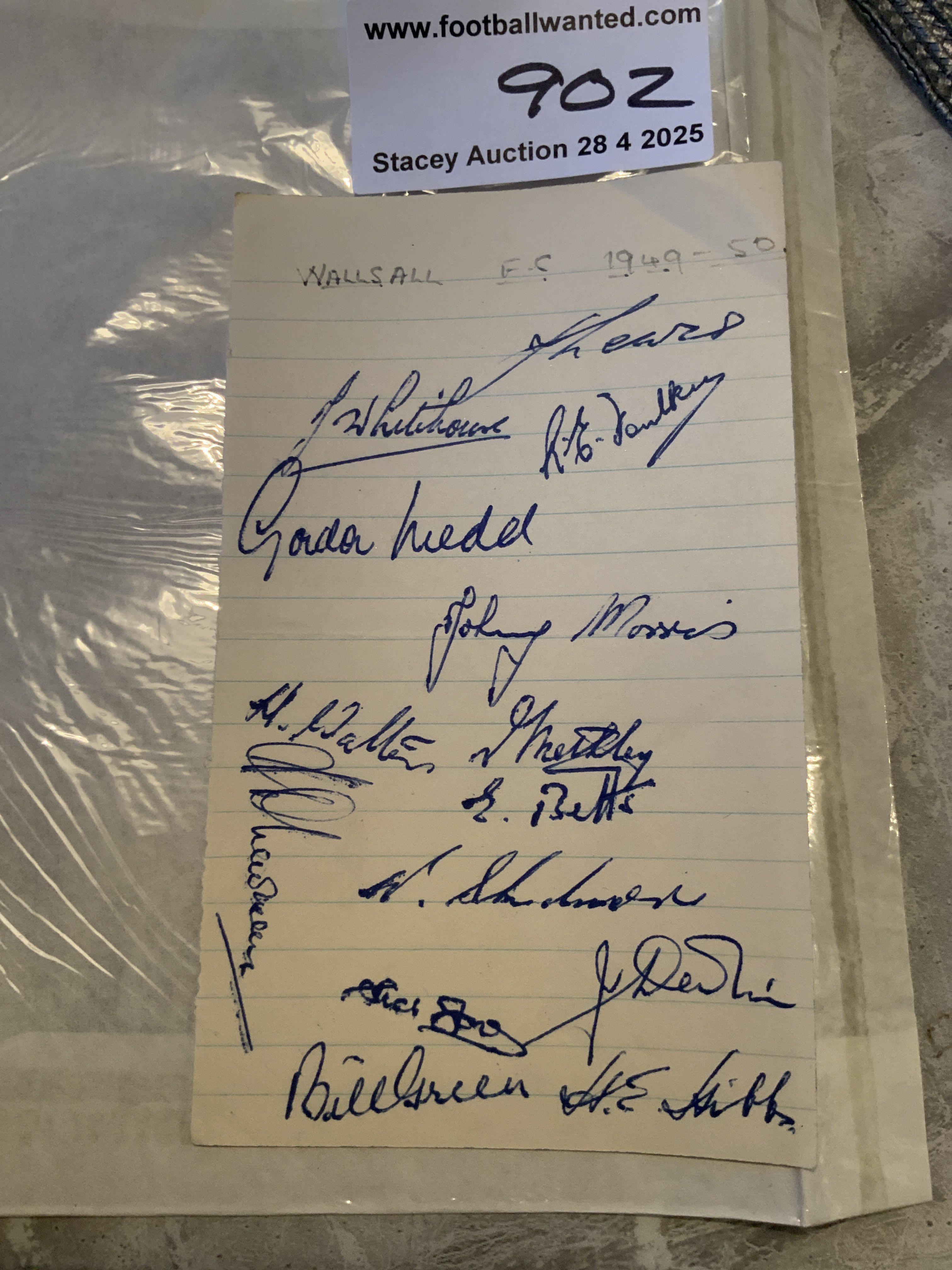 49/50 Walsall Football Autographs: Exercise book page signed by 14 of the squad including Foulkes Skidmore and Devlin.