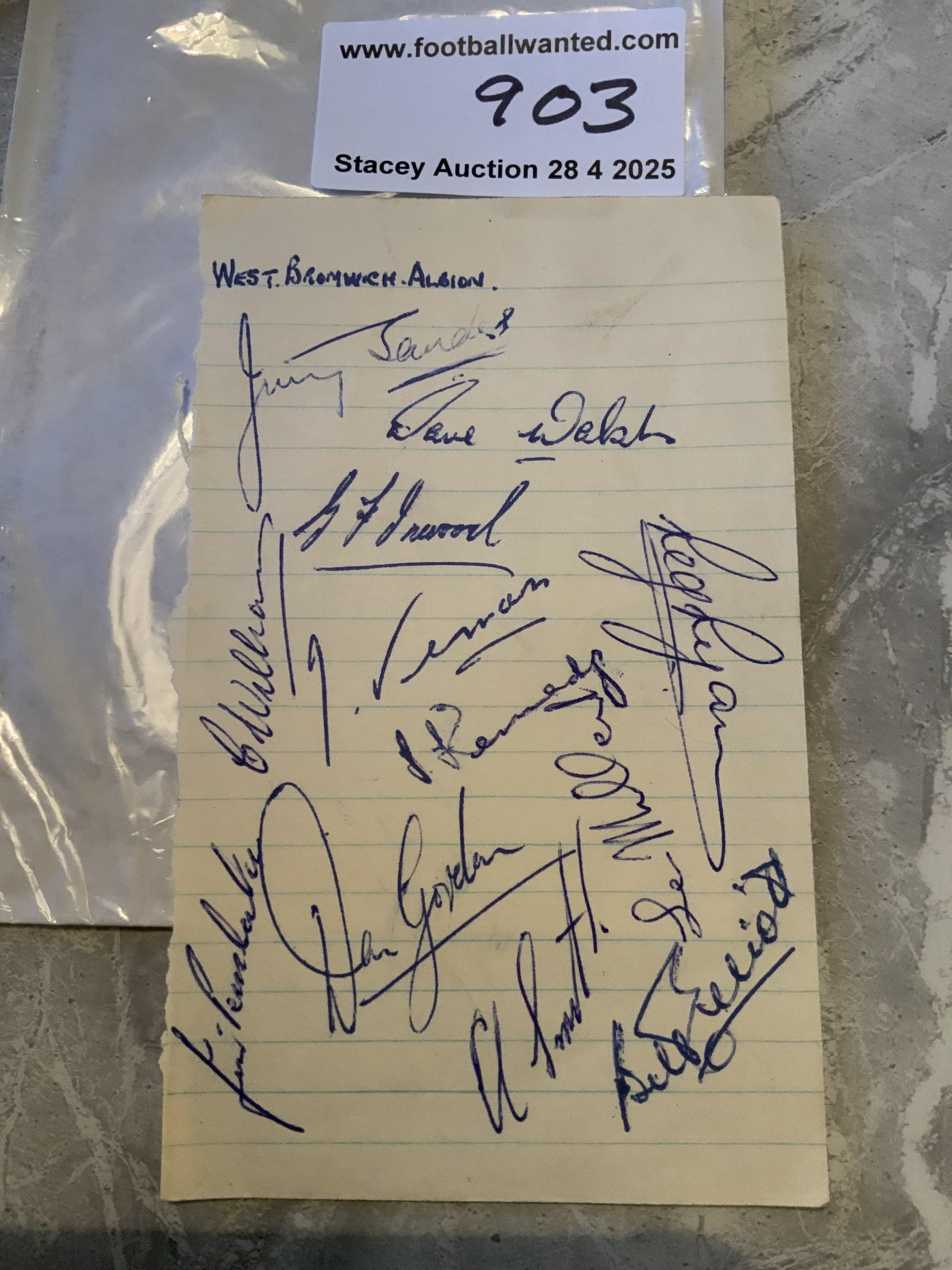 Late 1940s West Brom Football Autographs: Exercise book page signed by 12 of the squad including Walsh Sanders Williams Elliott Millard and Gordon.