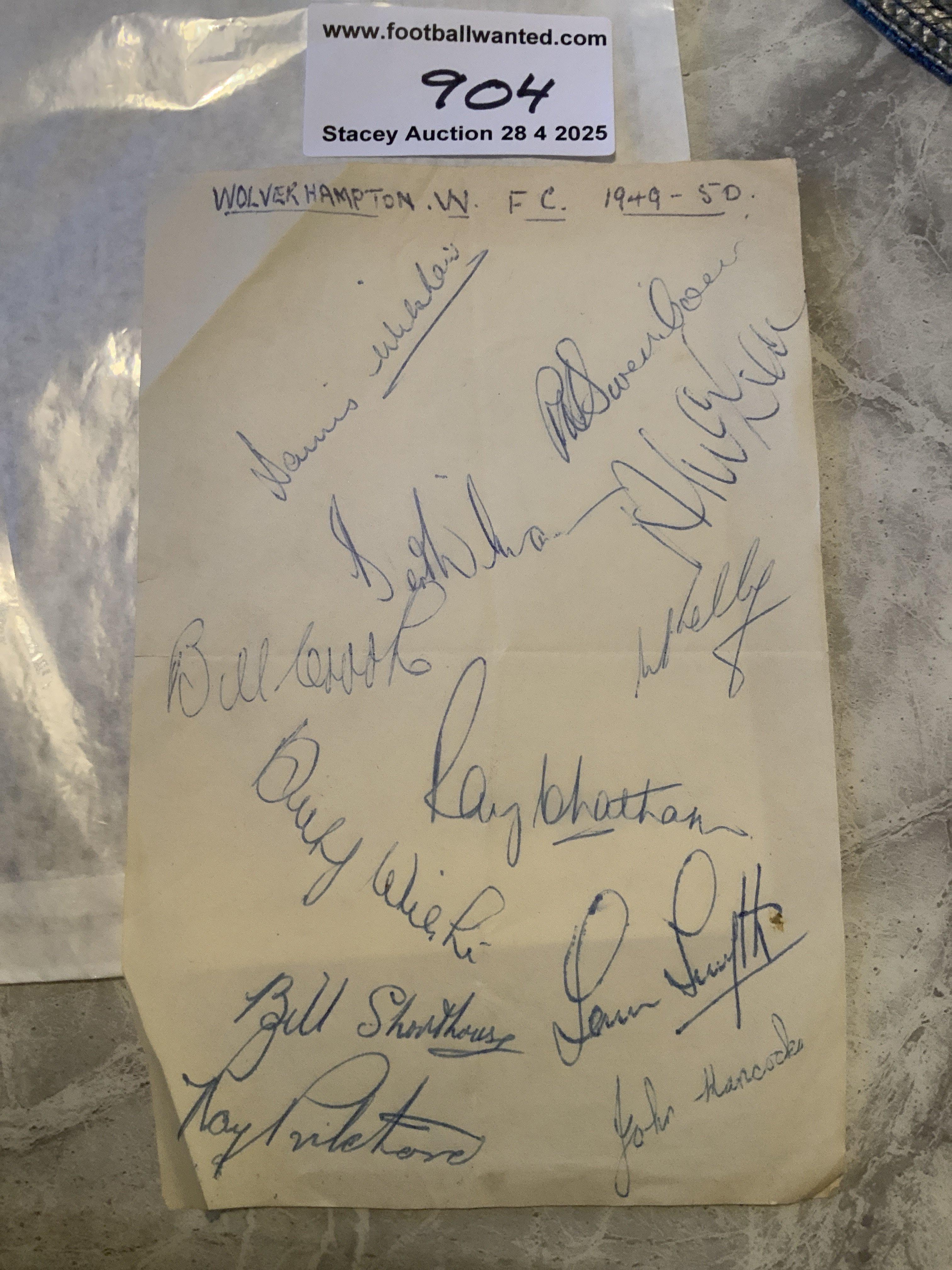 1949 Wolves FA Cup Final Winners Football Autographs: Three exercise book pages signed by 14 of the squad with cup winners to include Shorthouse Wright and Williams with some duplication. Additionally there is a page from 49/50 signed by 12 and a further page with 7 stuck down autographs. (33 autographs)
