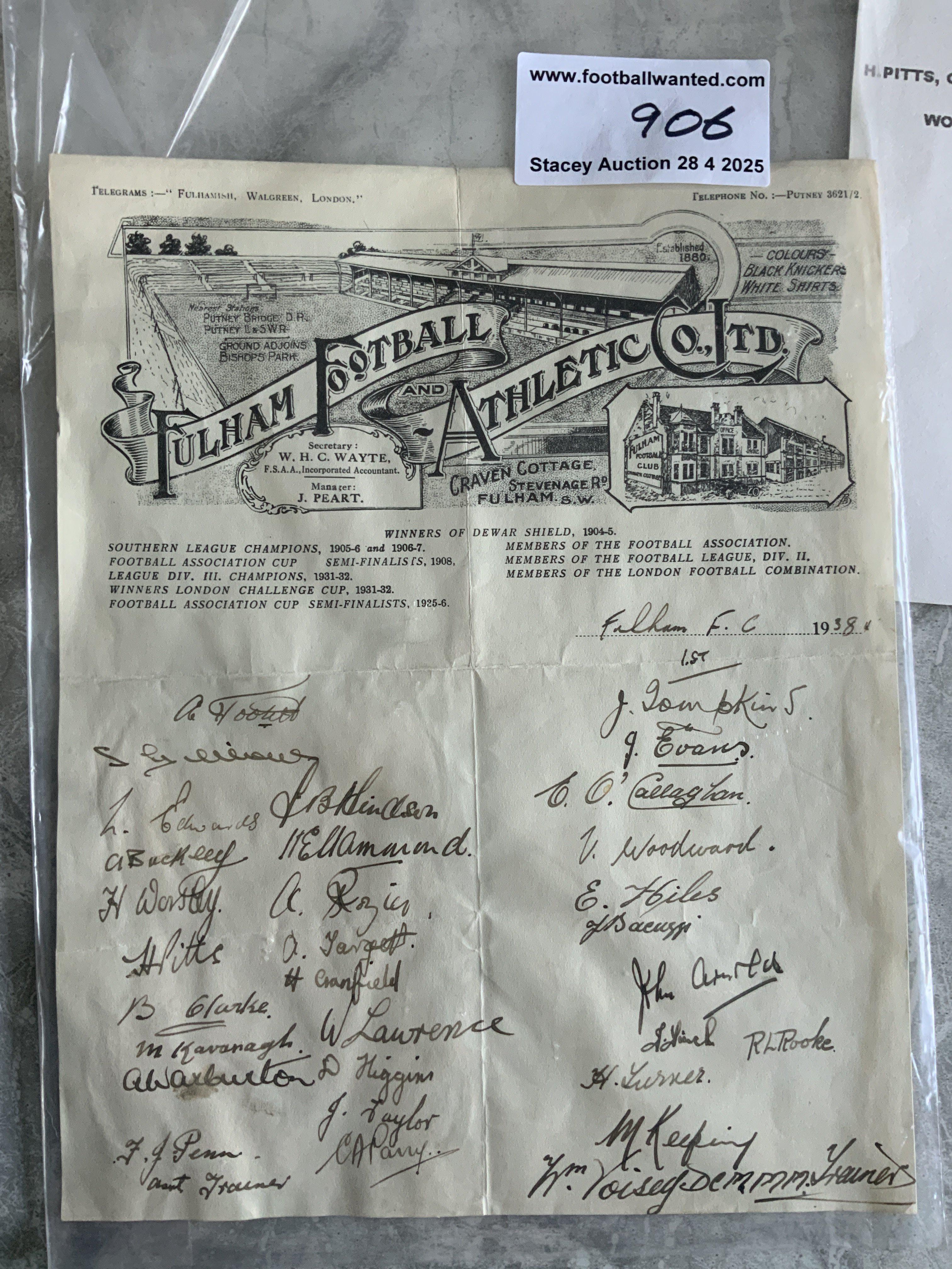 Fulham 1938 Headed Paper Football Autographs: 34 autographs on Fulham headed paper hand written and not pre printed. C/W team group card stuck down from that era.