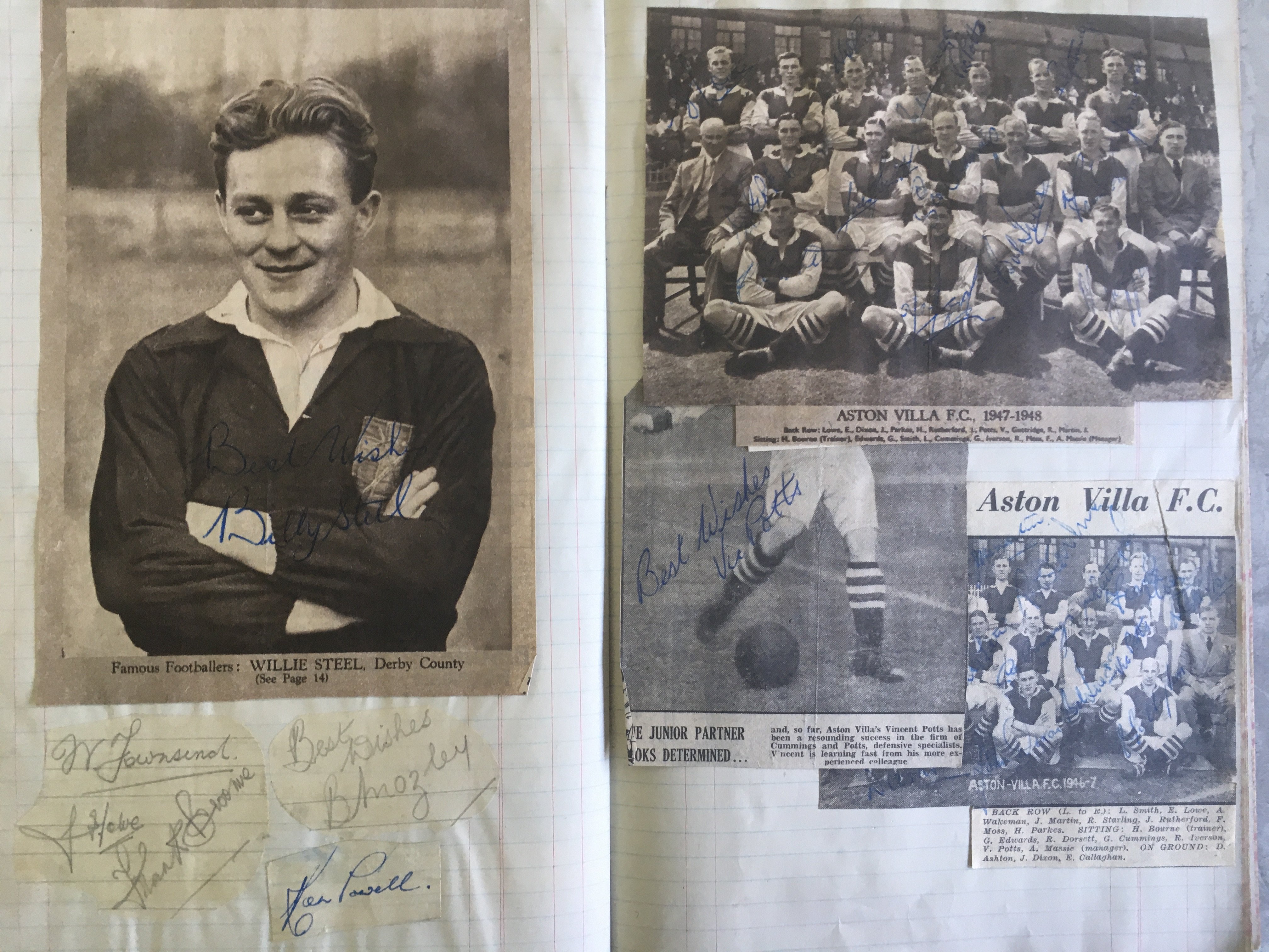 Signed 1940s Football Scrapbook: Includes Queen Of The South autograph book page signed by 10, West Brom x 13. C/W magazine pictures of team groups signed by Aston Villa Notts County West Brom Luton Leicester Newcastle Birmingham Grimsby Barnsley plus individual players from various teams. (350+ signatures)