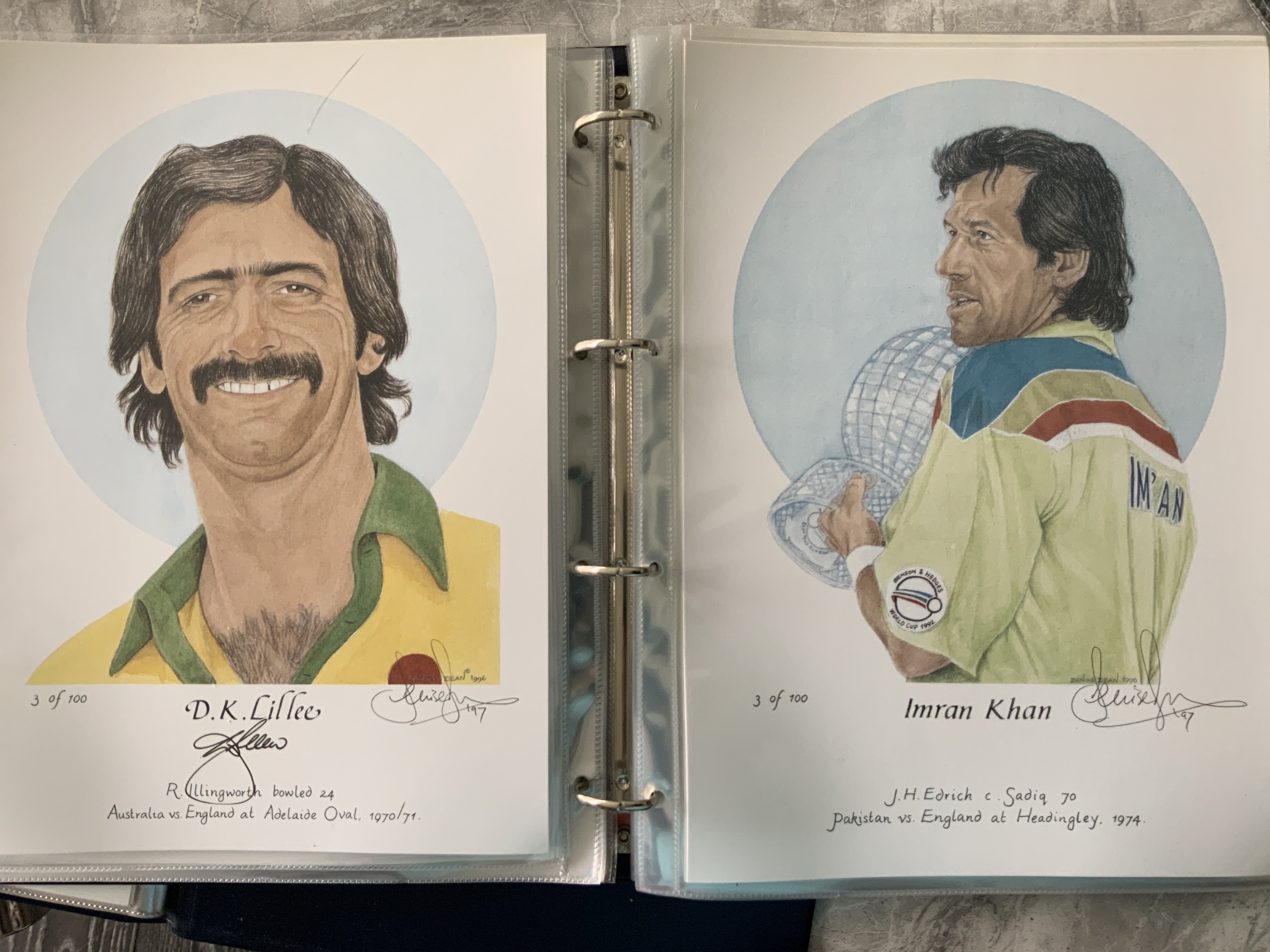 Rare Signed Set Of Ltd Edition Cricket Legends Prints: Limited edition of 100 with every print being number 3. Hand signed ones include Bradman Graveney D Compton Cowdrey Edrich Boycott Turner Abbas Amiss Gooch Bedser Statham McKenzie Gibbs Chandrasekhar Lillee Kapil Dev Hadlee Walsh Hughes McDermott Akram Ambrose Younis Underwood and Snow. These A4 colourful cards were produced by Wisden Artist Denise Dean and we believe this is the full set of 46. Additionally there are 12 Wisden Cricketer of the Year cards signed by 9 of the 12. Expensive set with very low starting price. (58)