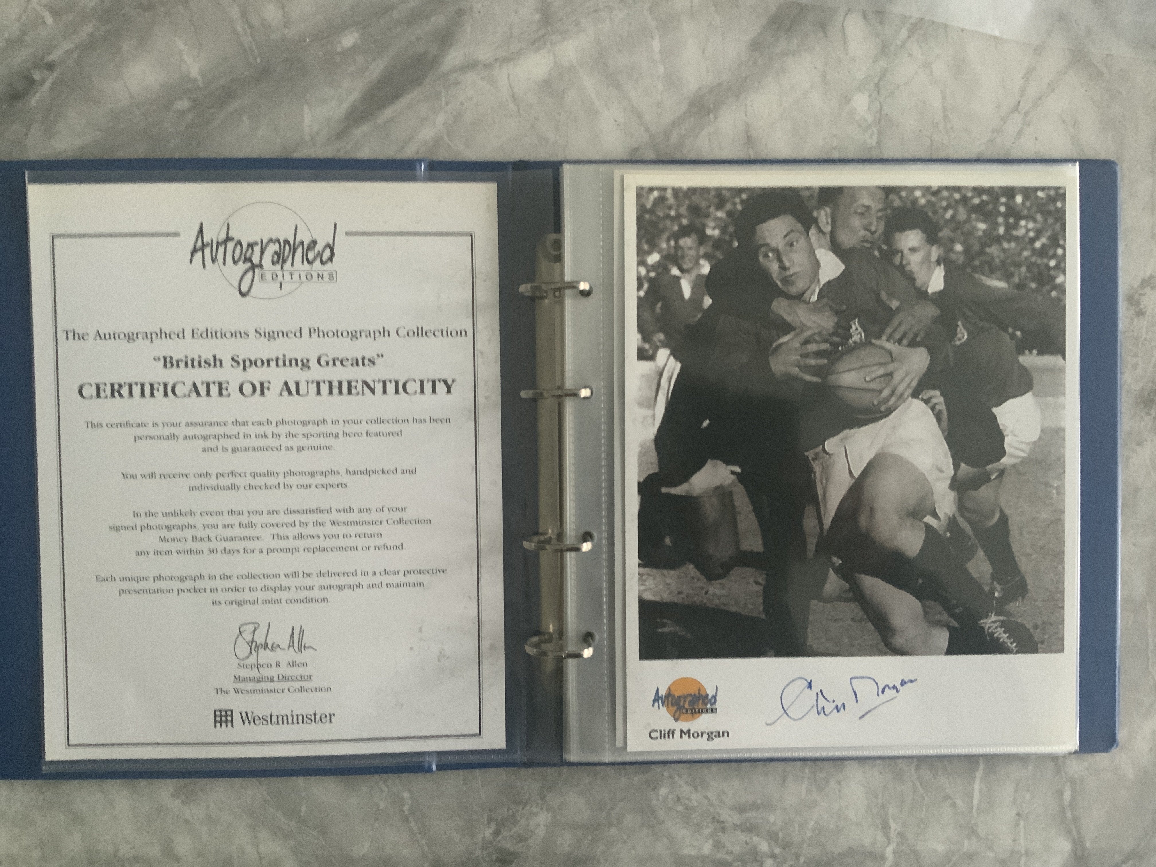 Autographed Editions Signed Sports Card Collection: From the reputable Autographed Editions series depicting a sportsperson with undedicated signature to lower border. In original folder which has a COA for the British Sporting Greats series. Includes Cliff Morgan John Francome Bob Champion Willie McBride Henry Cooper Lester Piggott Ian Botham Daley Thompson Bill Beaumont Fred Trueman Frank Bruno David Gower Sebastian Coe Graham Gooch Steve Davis Allan Wells Virginia Wade and Sharron Davies. (18)